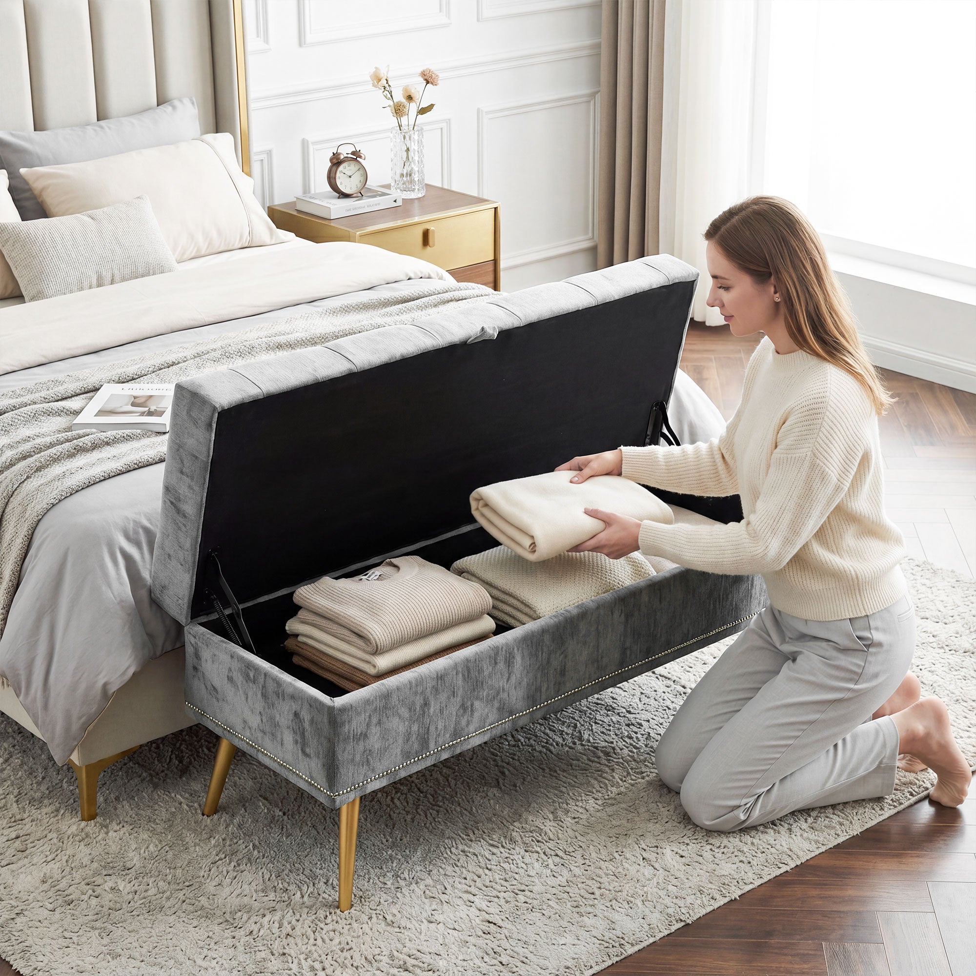 Storage Ottoman, Chenille Upholstered Ottoman Storage Box with Padded Seat, End of Bed Bench with Metal Legs for Bedroom, Hallway, Living Room, 114 x 41 x 45 cm, Grey