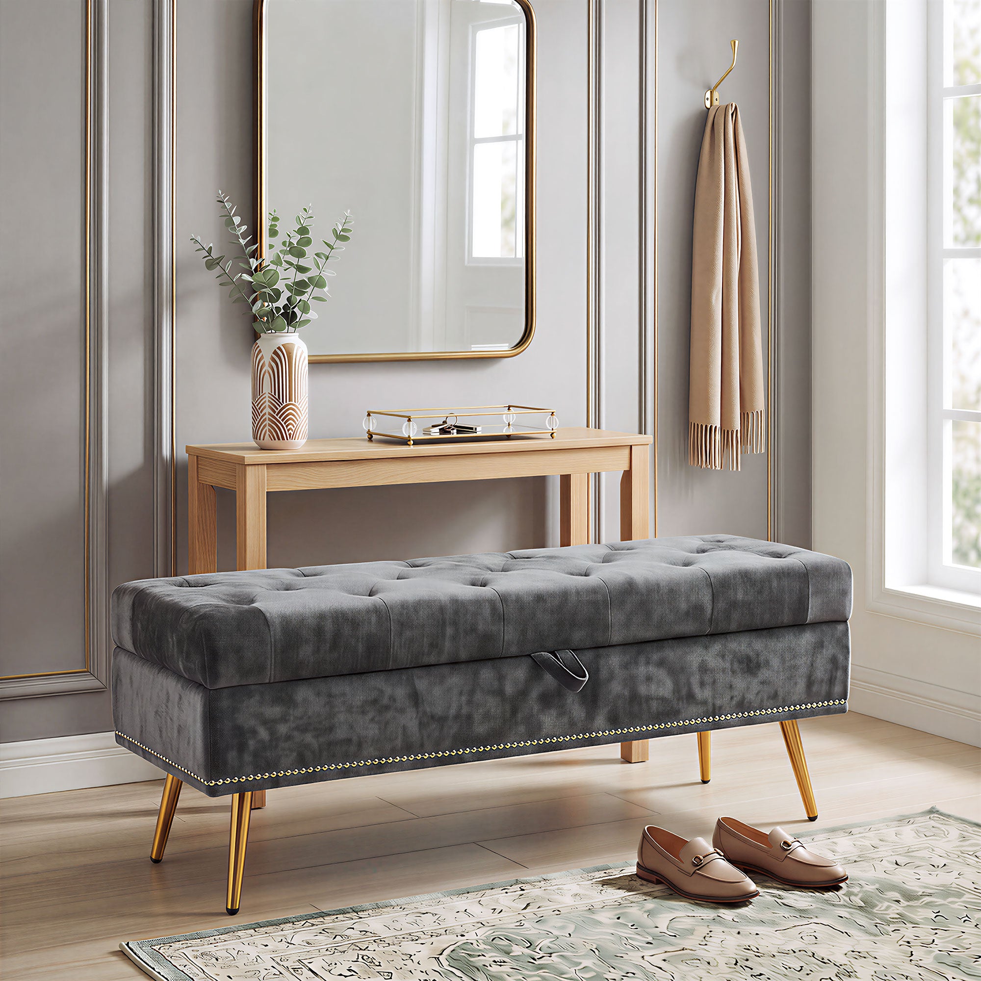 Storage Ottoman, Chenille Upholstered Ottoman Storage Box with Padded Seat, End of Bed Bench with Metal Legs for Bedroom, Hallway, Living Room, 114 x 41 x 45 cm, Grey