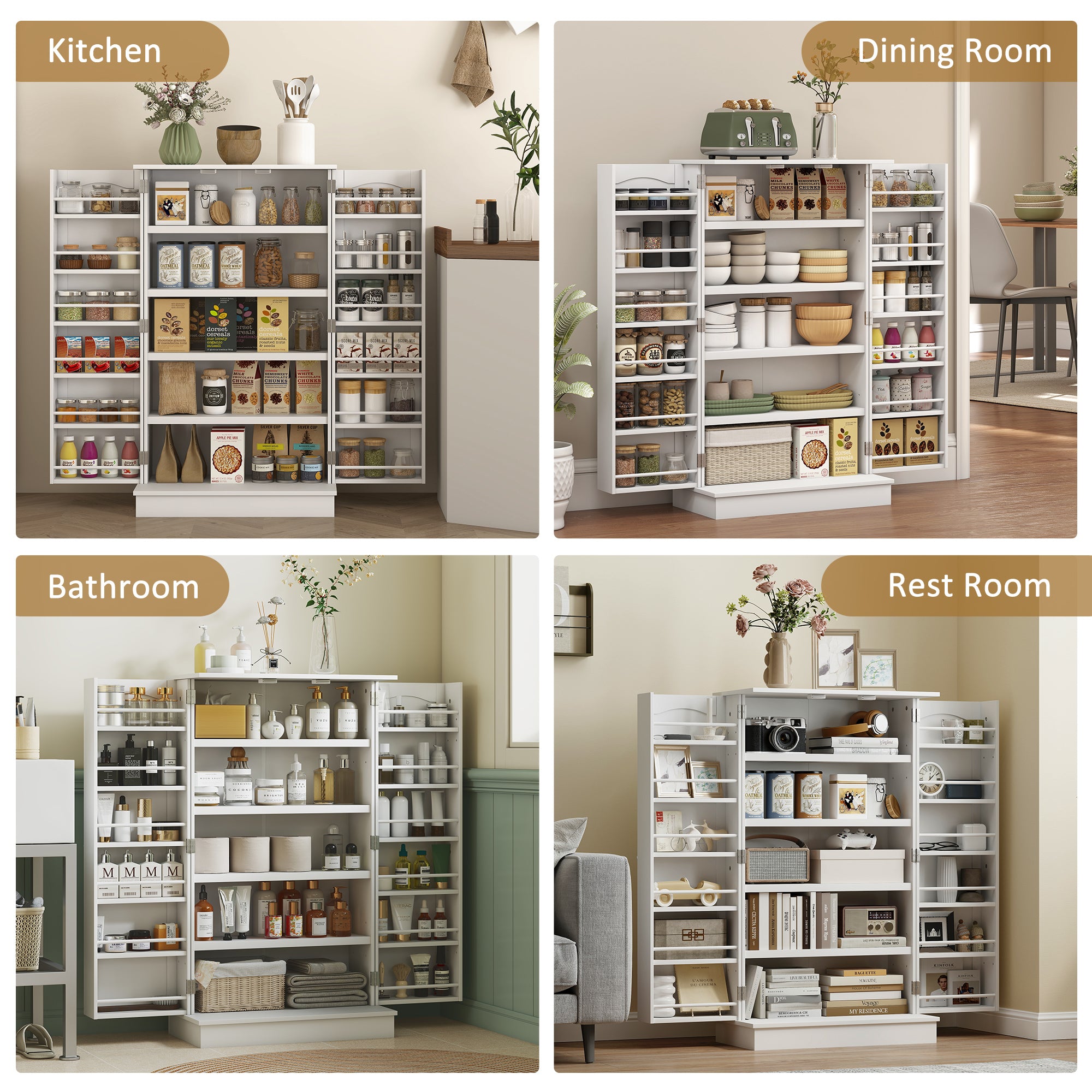 41" Kitchen Pantry Cabinet, 2-Door Buffet Storage Cabinet with 12 Spice Racks and Adjustable Shelves, White