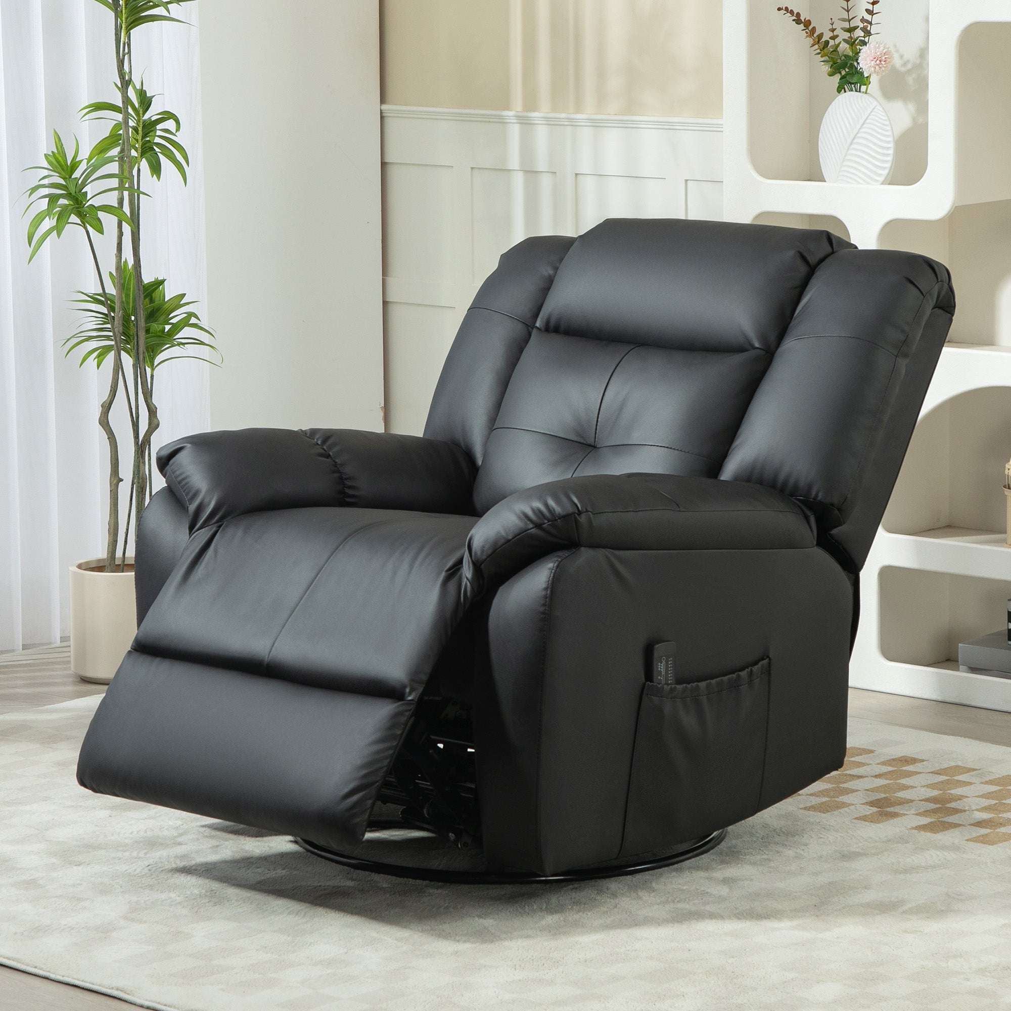 HOMCOM 8-Point Vibration Massage Recliner Chair for Living Room, PU Leather Manual Reclining Chair, Swivel Recliner with Remote Control, Rocking Function, Black