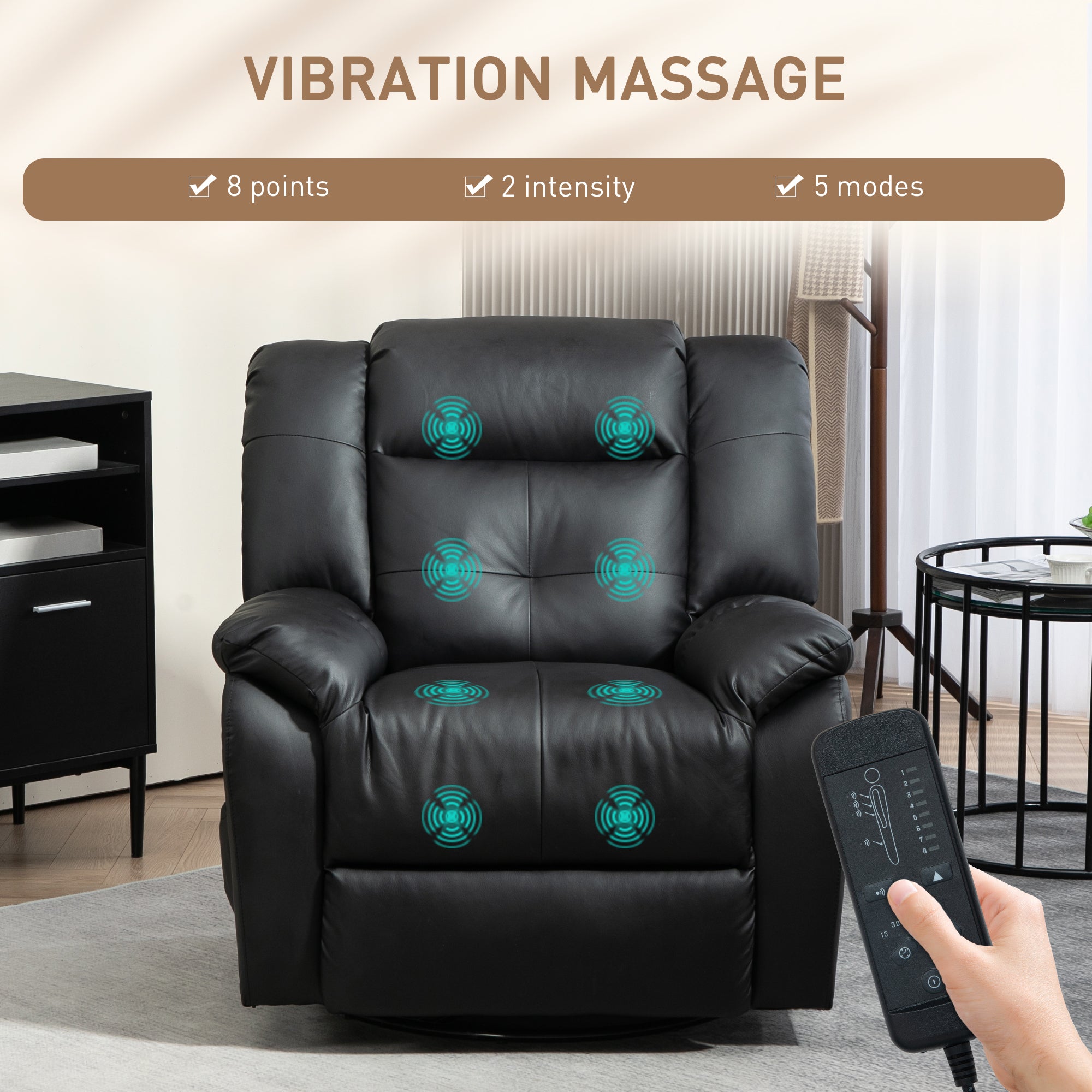 HOMCOM 8-Point Vibration Massage Recliner Chair for Living Room, PU Leather Manual Reclining Chair, Swivel Recliner with Remote Control, Rocking Function, Black