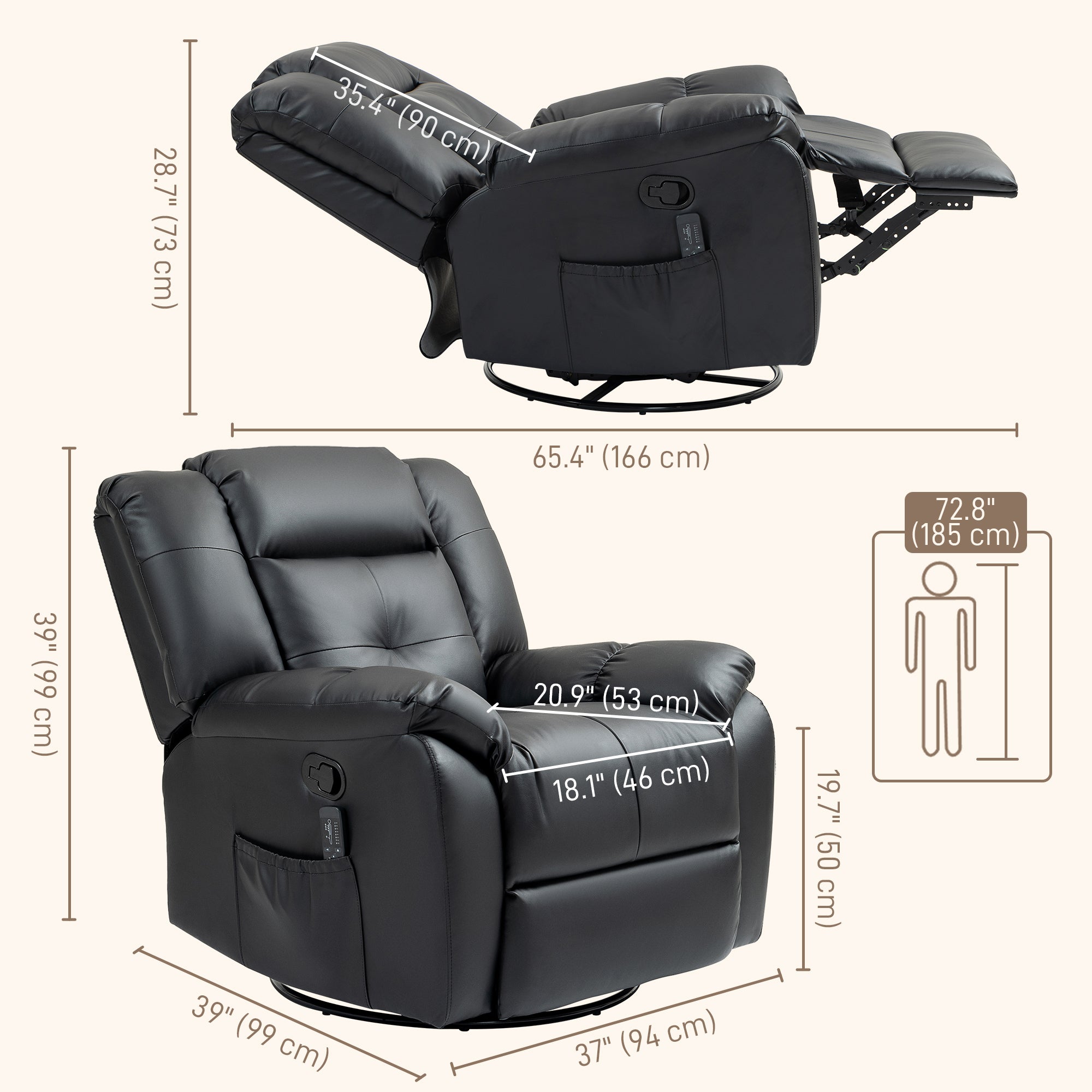 HOMCOM 8-Point Vibration Massage Recliner Chair for Living Room, PU Leather Manual Reclining Chair, Swivel Recliner with Remote Control, Rocking Function, Black