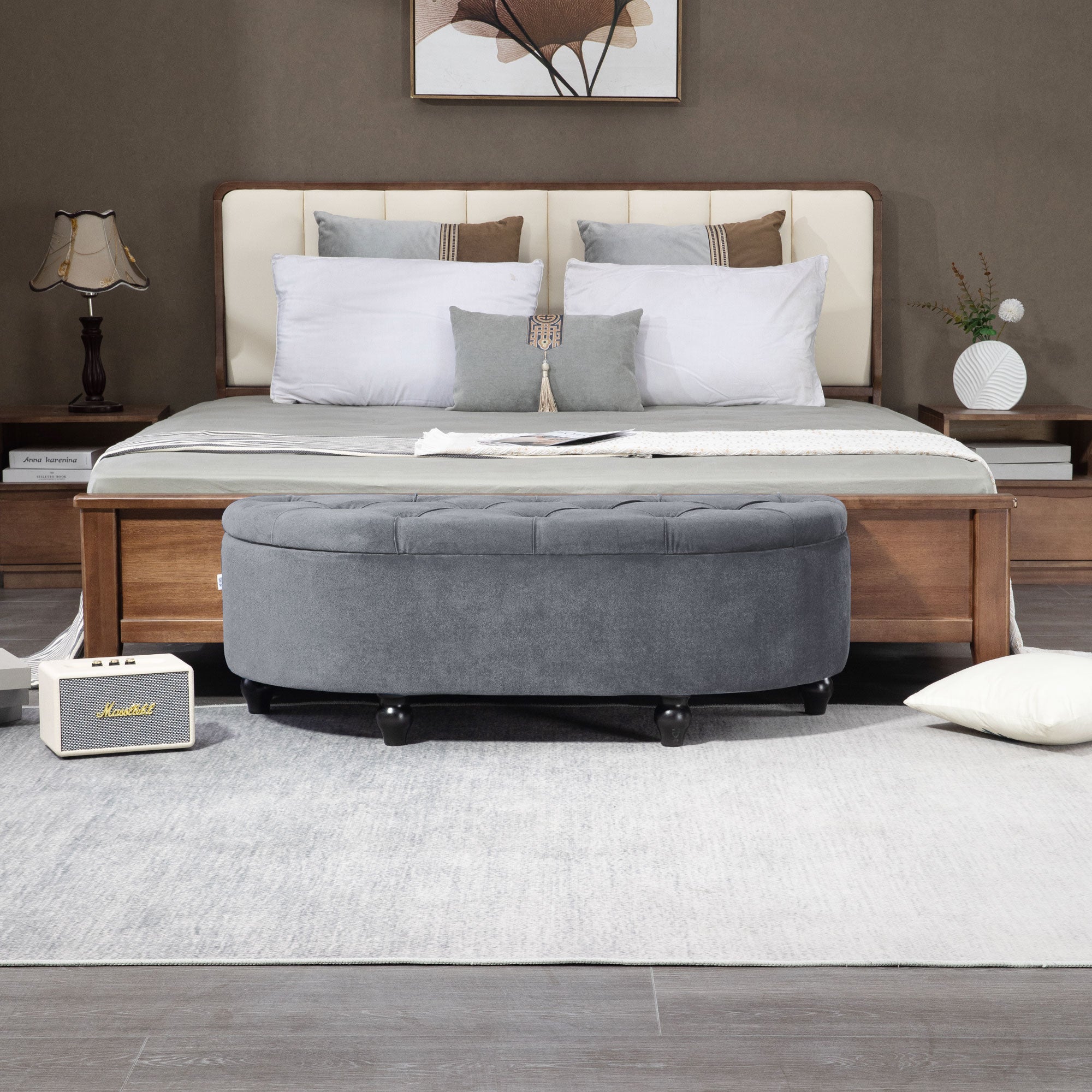HOMCOM Semi-Circle Bed End Bench Ottoman with Storage Tufted Upholstered Accent Seat Footrest Stool with Rubberwood Legs for Bedroom & Entryway, Dark Grey