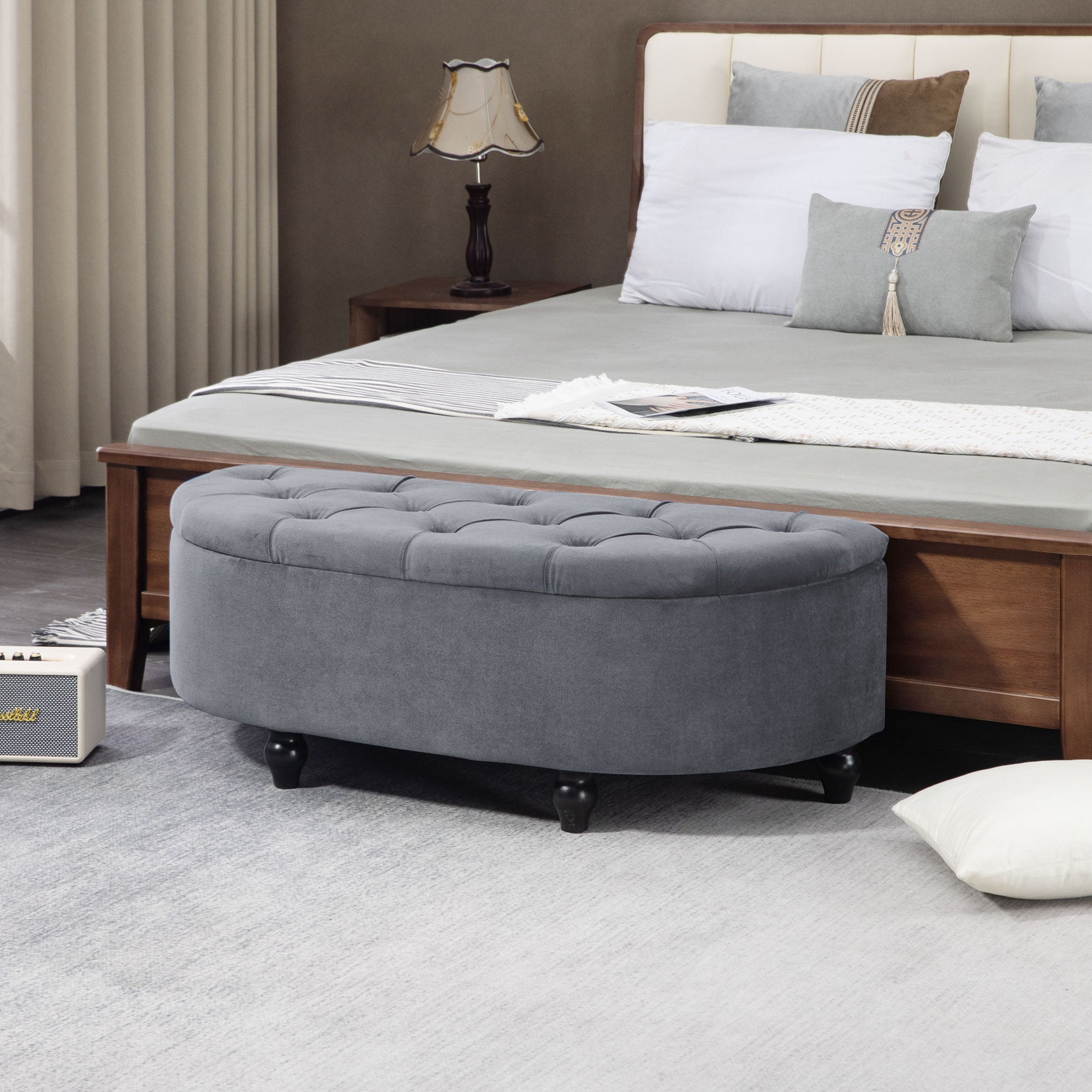 HOMCOM Semi-Circle Bed End Bench Ottoman with Storage Tufted Upholstered Accent Seat Footrest Stool with Rubberwood Legs for Bedroom & Entryway, Dark Grey