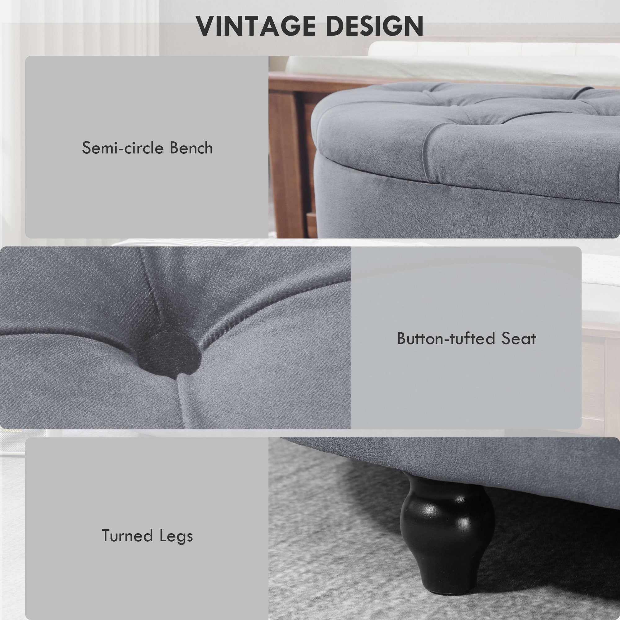 HOMCOM Semi-Circle Bed End Bench Ottoman with Storage Tufted Upholstered Accent Seat Footrest Stool with Rubberwood Legs for Bedroom & Entryway, Dark Grey