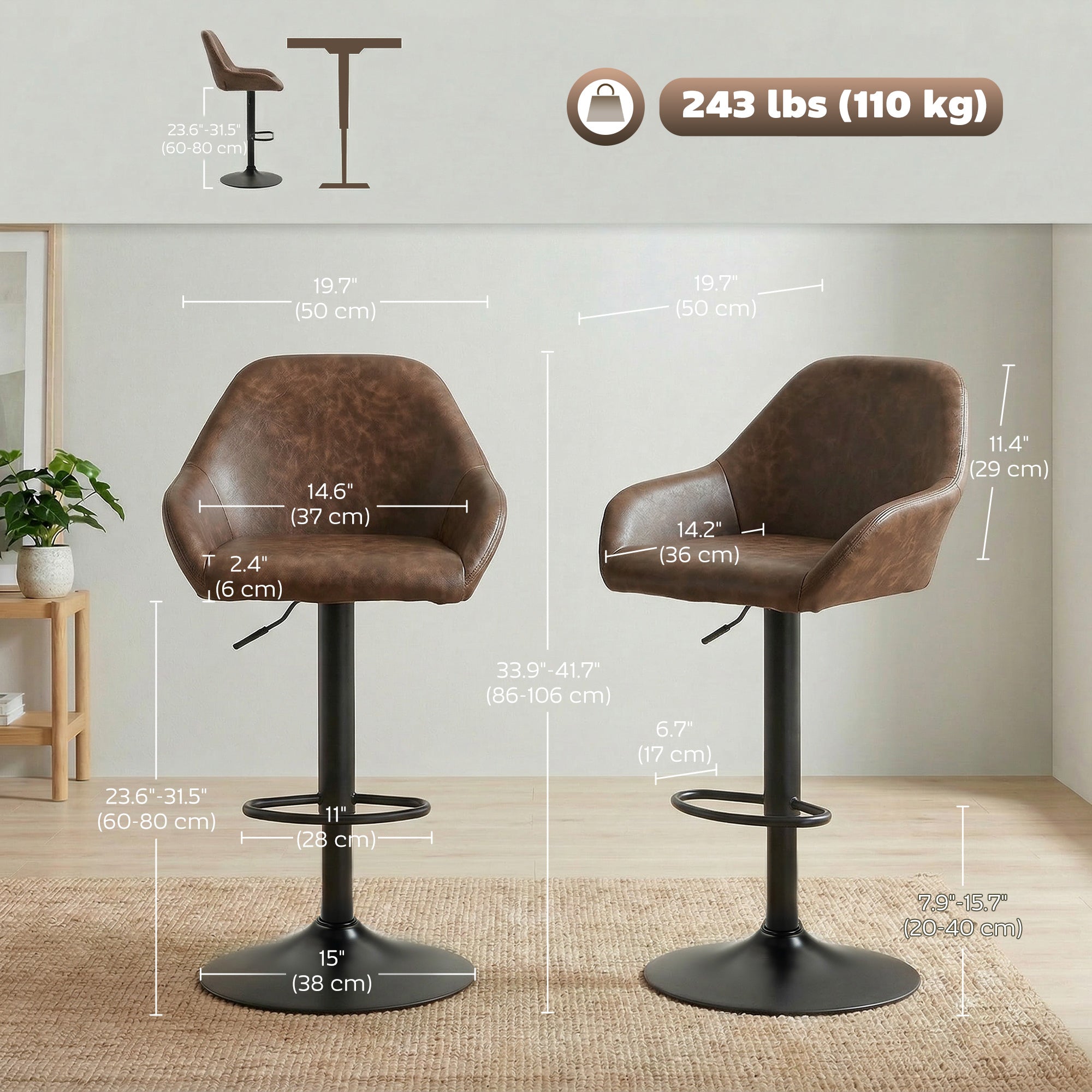 Adjustable Bar Stools Set of 2, Swivel Dining Chairs with Footrest and Back, Modern PU Leather and Steel Round Base, for Kitchen Counter and Dining Room, Coffee