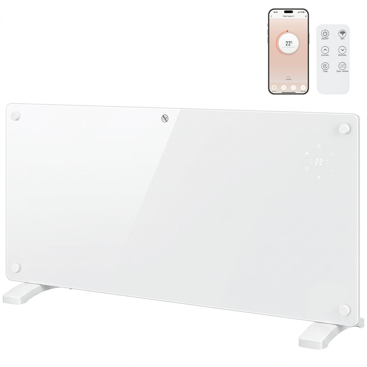 2000W Smart Glass Panel Heater Wall Mounted & Freestanding, Wifi Enabled, Works With Alexa & Google Home, Electric Heater with Weekly Timer, Open Window & Anti-Frost Mode, Thermostat, White