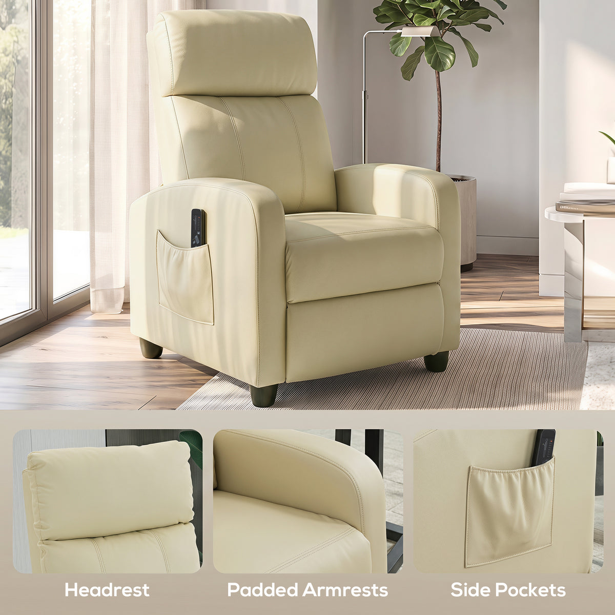 Recliner Armchair, Massage Faux Leather Push Back Reclining Chair with Adjustable Leg Rest, Side Pocket, for Home Living Room Theatre, Cream White