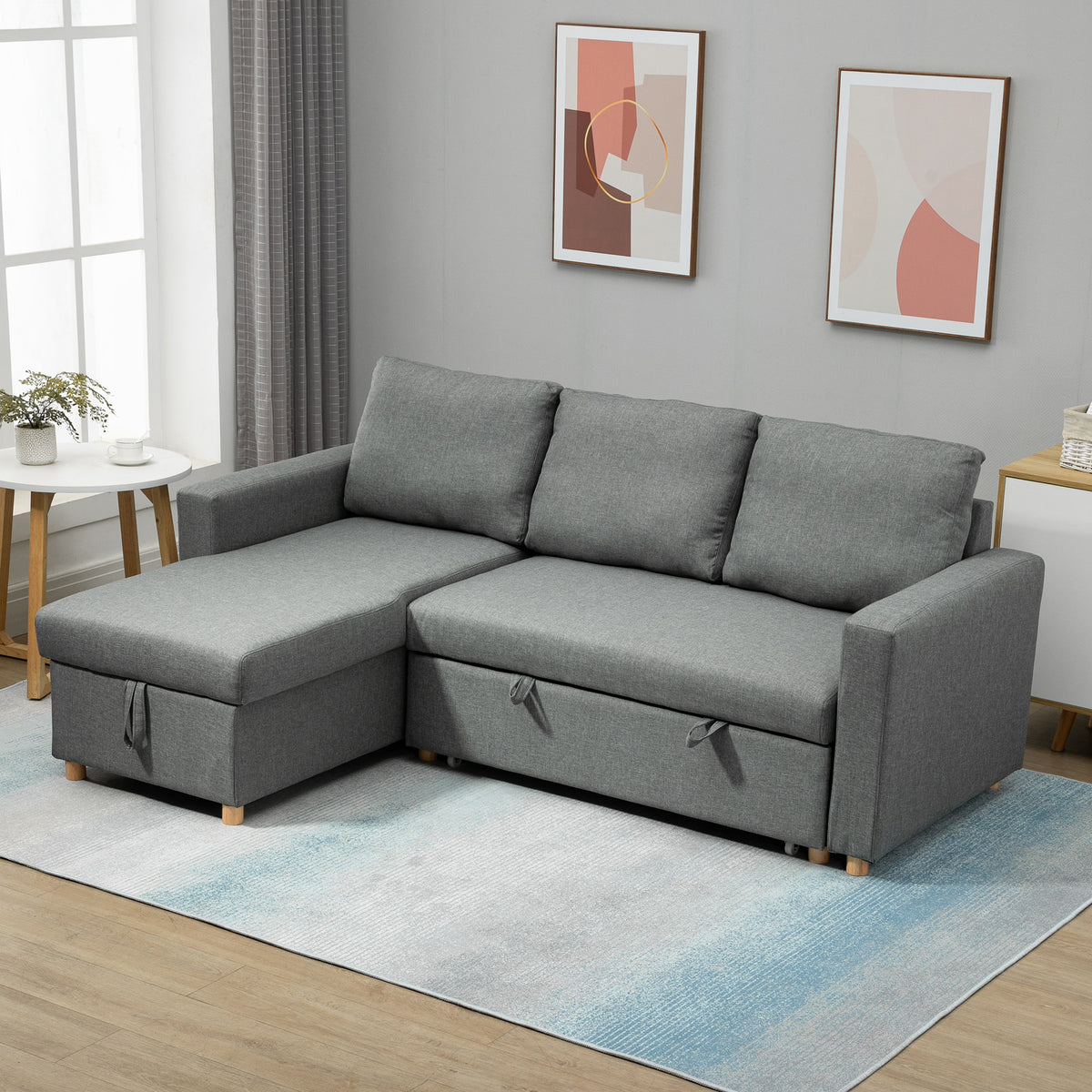 83" Sofa Bed, Convertible Pull Out Sleeper Sofa, Linen L Shaped Sectional Couch with Reversible Storage Chaise, Wide and Deep Seat for Living Room, Apartment, Light Grey