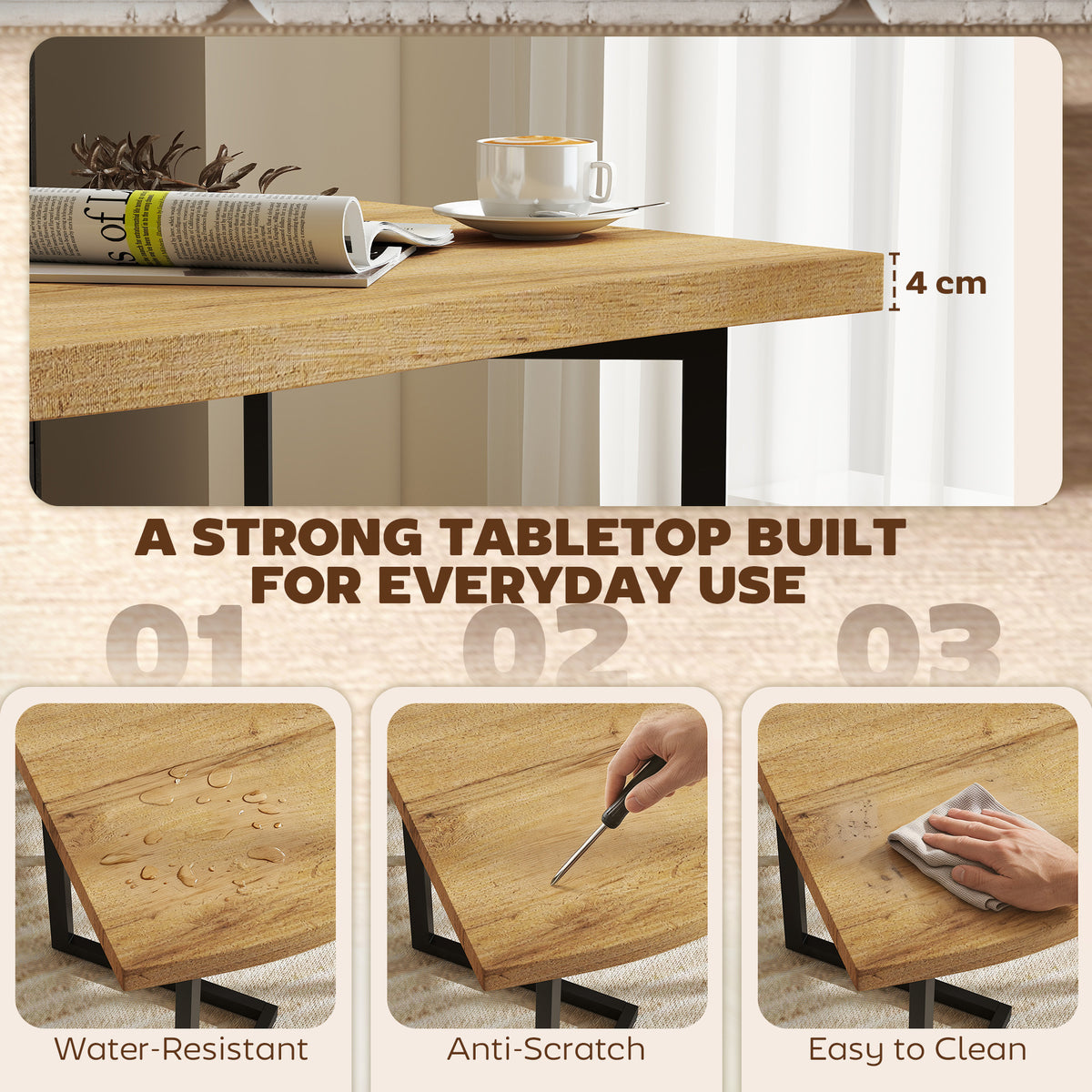 Rectangle Dining Table for 4 People, Modern Kitchen Table with Thick Tabletop and Metal Legs for Dining Room, Living Room, Kitchen, Oak Wood Grain