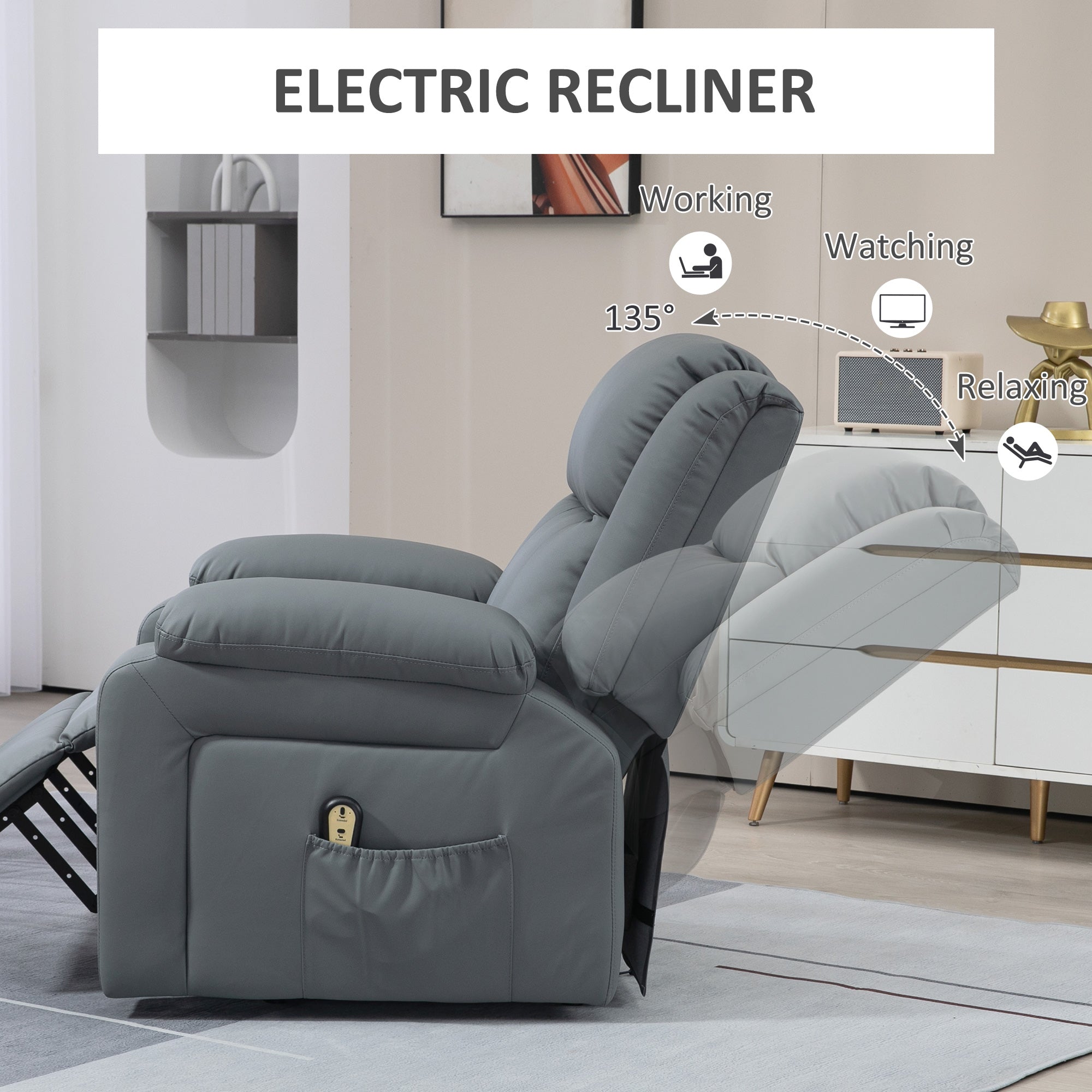 HOMCOM Power Lift Chair, PU Leather Upholstered Electric Recliner Chair for Seniors with Quick Assembly, Remote Control, Side Pockets, Grey