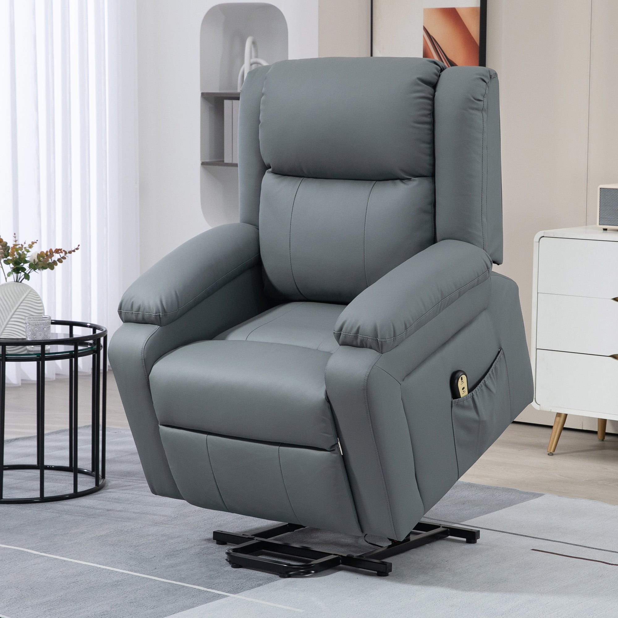 HOMCOM Power Lift Chair, PU Leather Upholstered Electric Recliner Chair for Seniors with Quick Assembly, Remote Control, Side Pockets, Grey