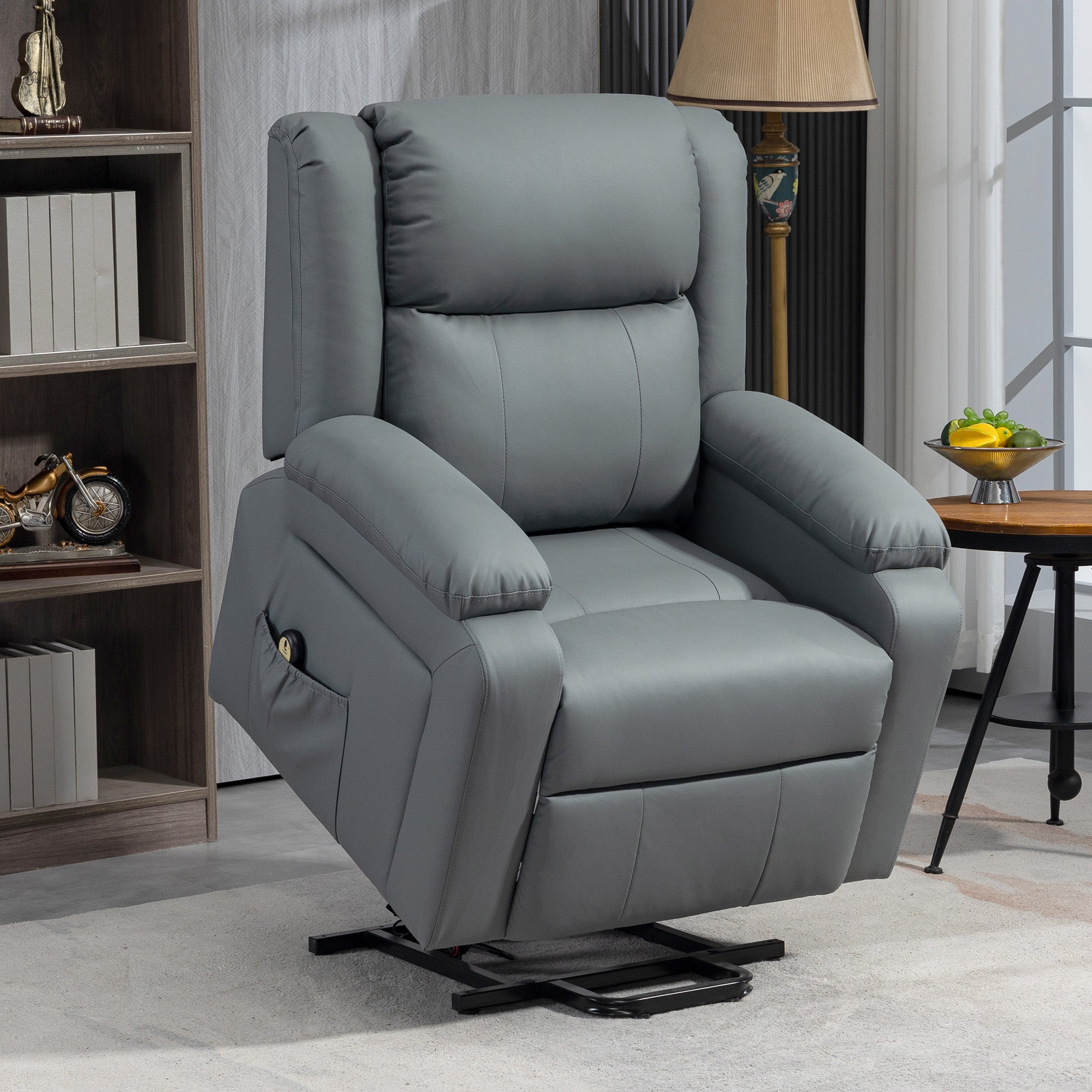 HOMCOM Power Lift Chair, PU Leather Upholstered Electric Recliner Chair for Seniors with Quick Assembly, Remote Control, Side Pockets, Grey