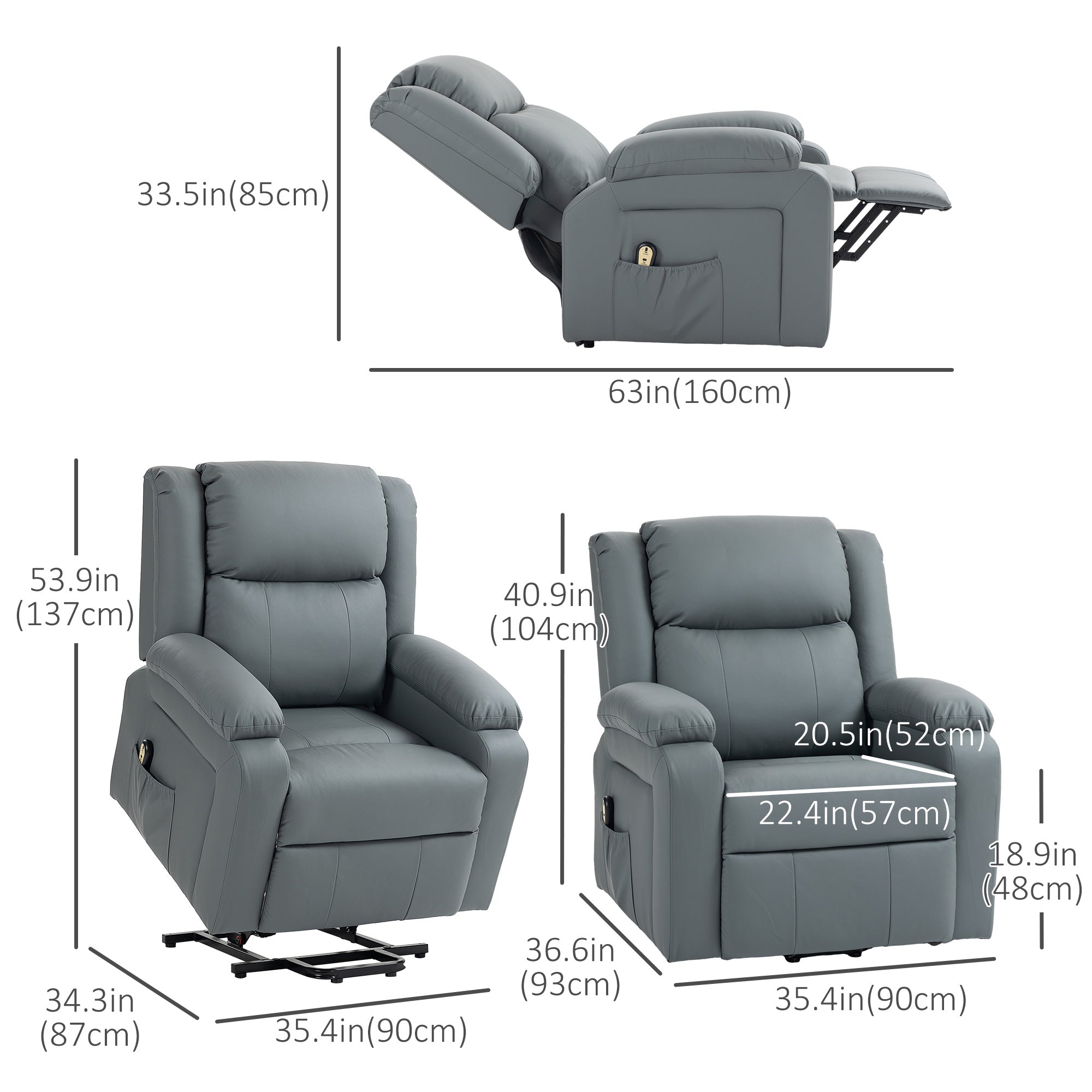 HOMCOM Power Lift Chair, PU Leather Upholstered Electric Recliner Chair for Seniors with Quick Assembly, Remote Control, Side Pockets, Grey