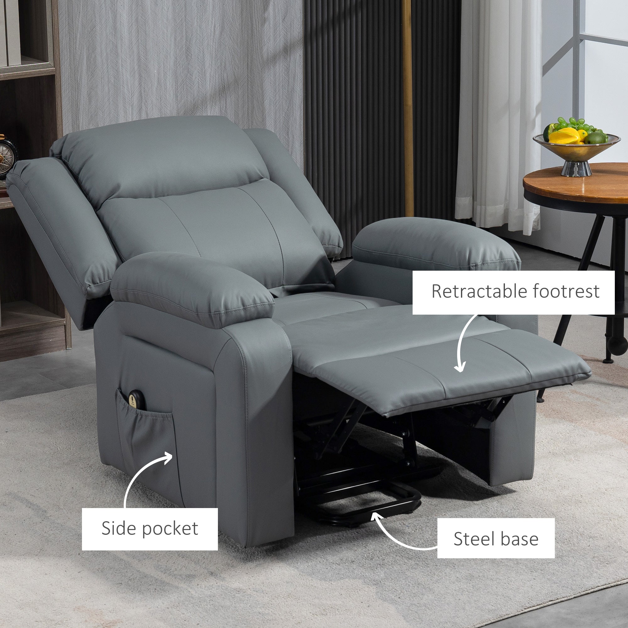 HOMCOM Power Lift Chair, PU Leather Upholstered Electric Recliner Chair for Seniors with Quick Assembly, Remote Control, Side Pockets, Grey