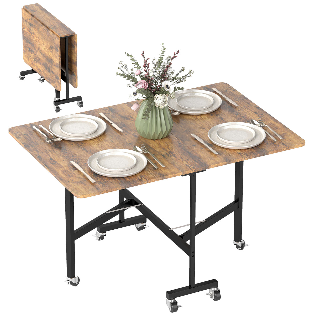 Mobile Drop Leaf Table, Folding Dining Table with 6 Wheels & Brakes, Rolling Kitchen Table for Small Spaces, 47.2", Rustic Brown