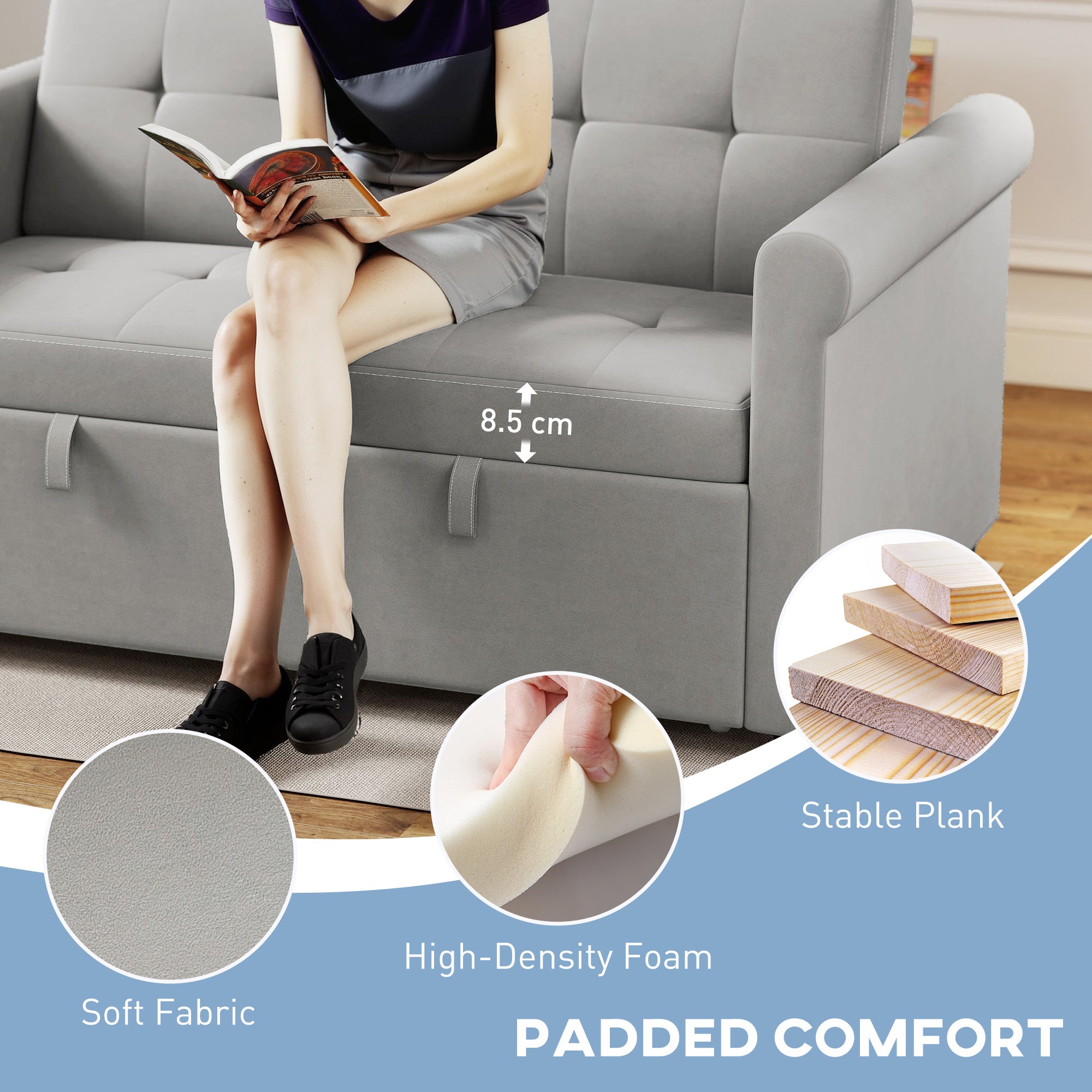 2 Seater Sofa Bed with 7-Position Adjustable Backrest, Convertible Pull Out Sleeper Sofa, Mid-Century Modern Fabric Bed Settee for Living Room, Guest Room, Grey