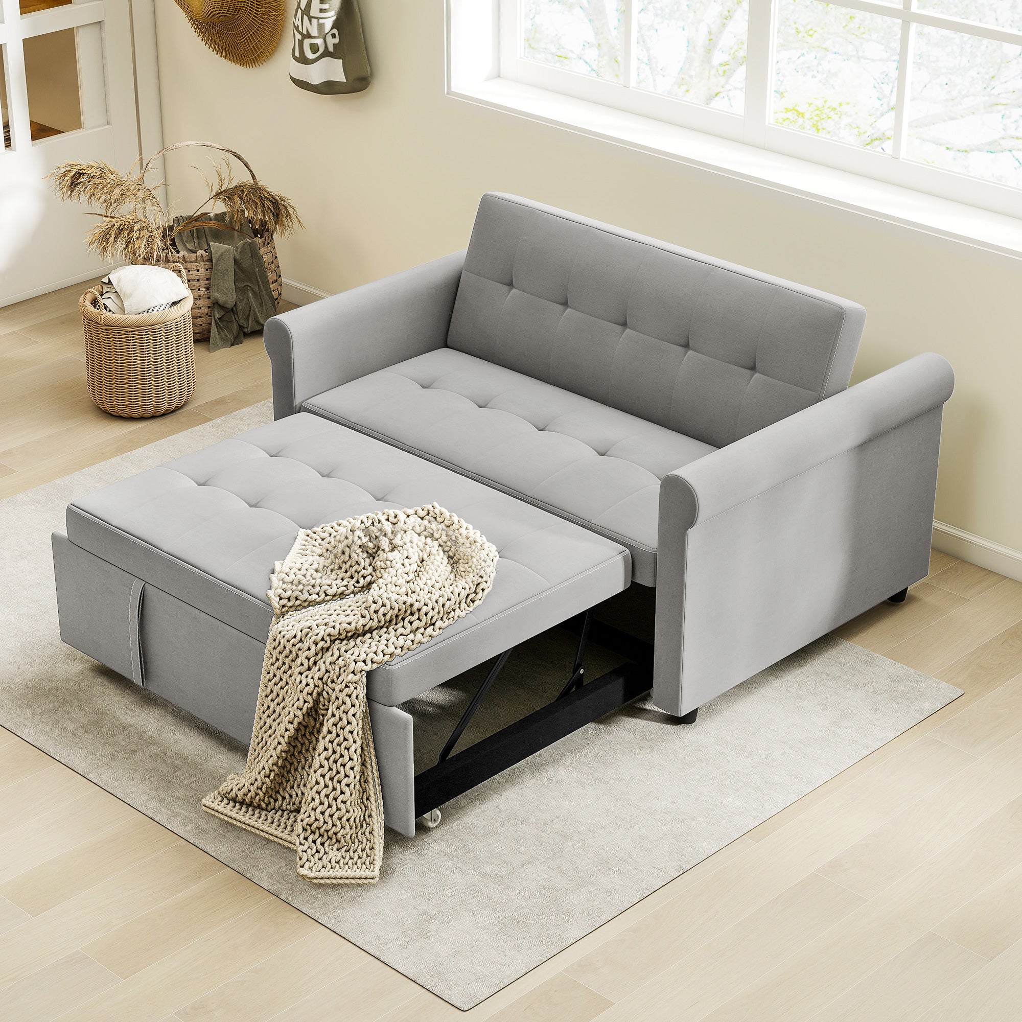 2 Seater Sofa Bed with 7-Position Adjustable Backrest, Convertible Pull Out Sleeper Sofa, Mid-Century Modern Fabric Bed Settee for Living Room, Guest Room, Grey