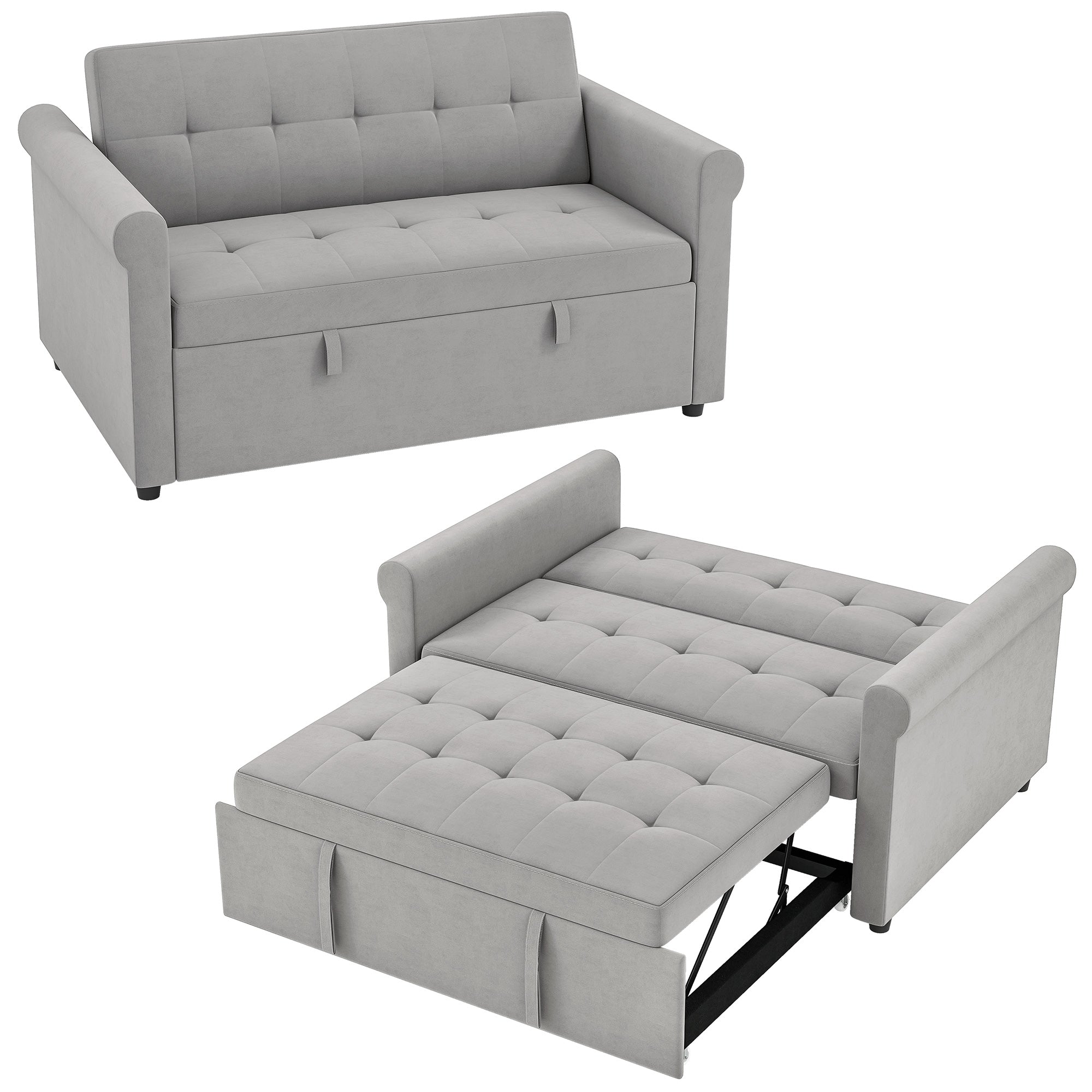 2 Seater Sofa Bed with 7-Position Adjustable Backrest, Convertible Pull Out Sleeper Sofa, Mid-Century Modern Fabric Bed Settee for Living Room, Guest Room, Grey