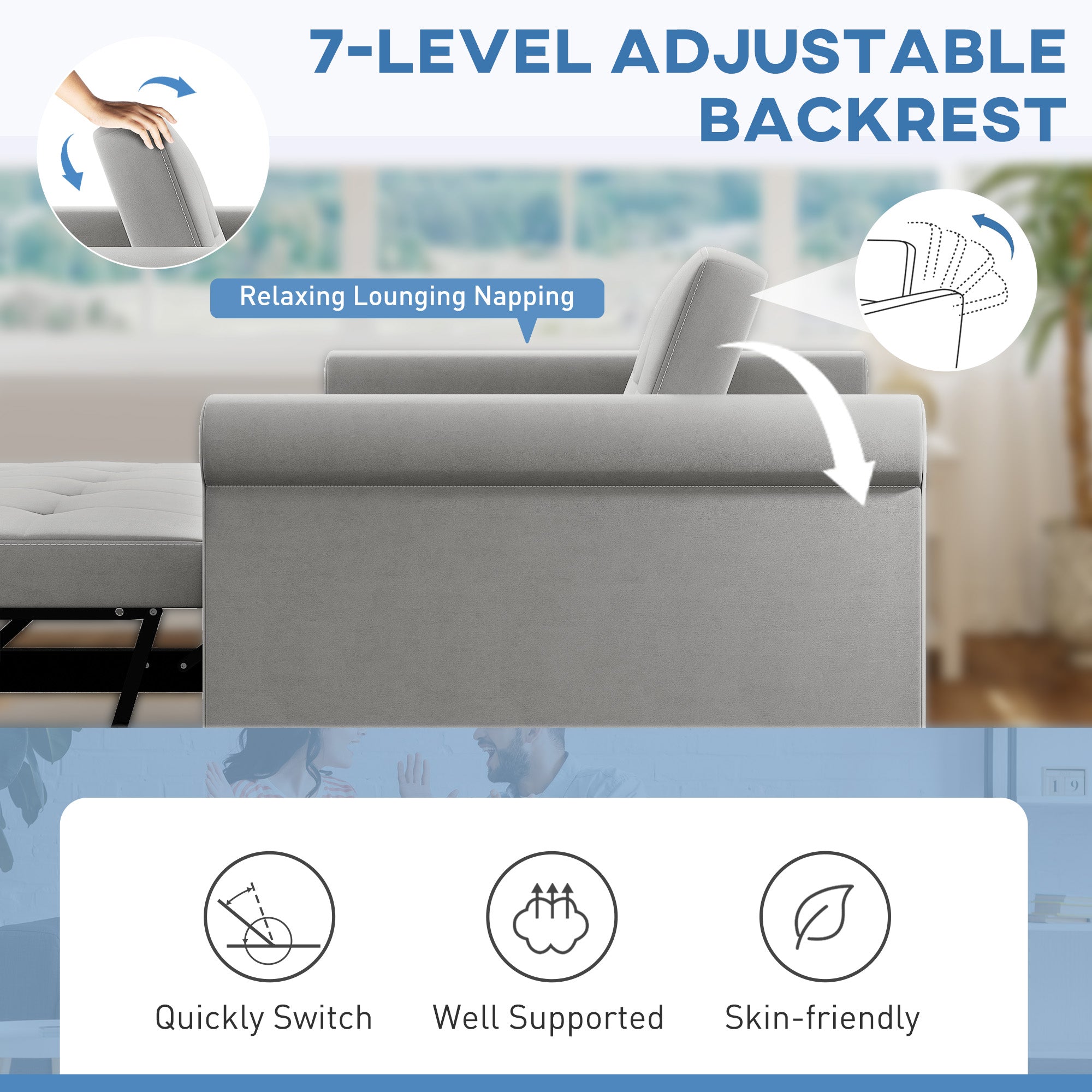 2 Seater Sofa Bed with 7-Position Adjustable Backrest, Convertible Pull Out Sleeper Sofa, Mid-Century Modern Fabric Bed Settee for Living Room, Guest Room, Grey