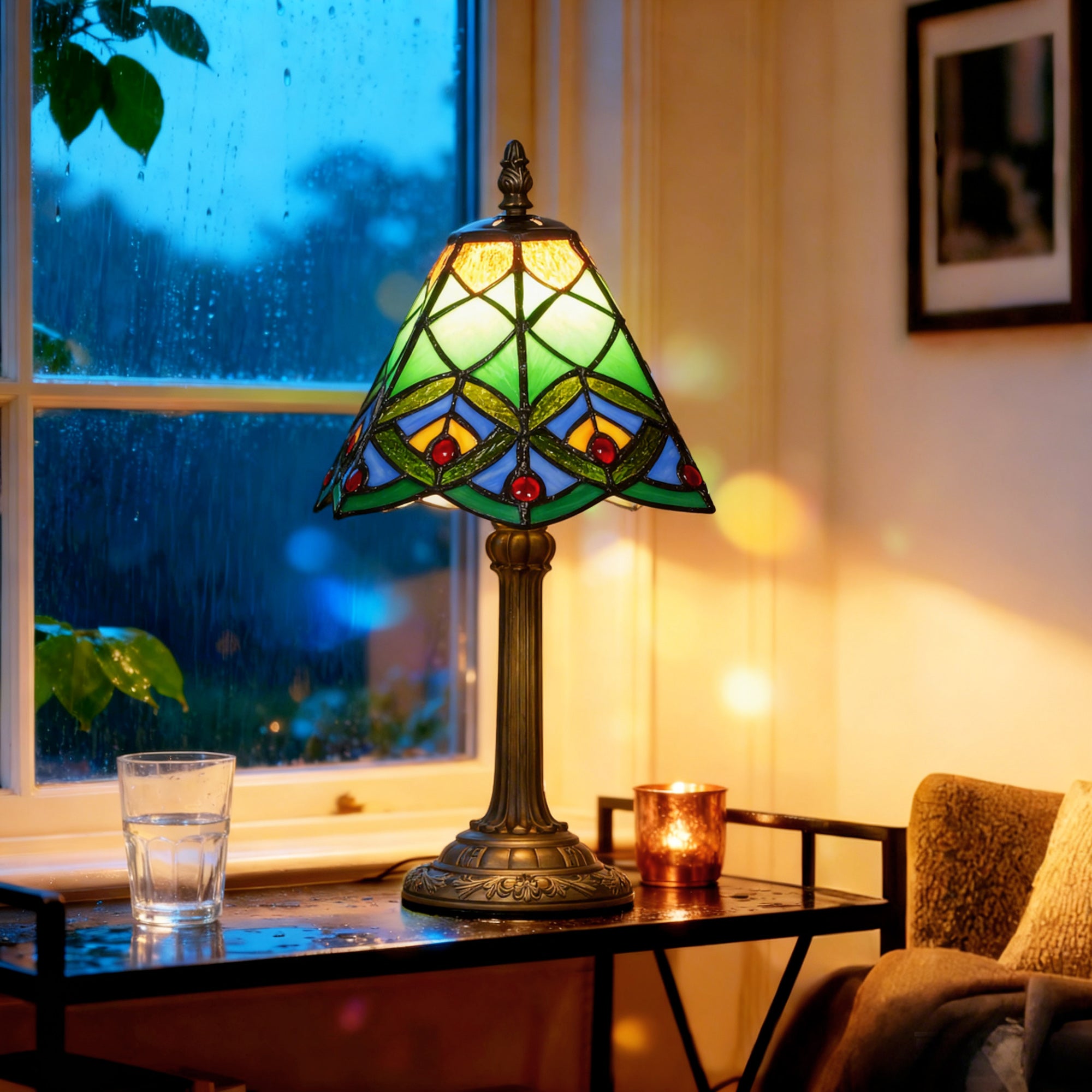Tiffany-Style Table Lamp with Geometric Patterns, Handcrafted Antique Stained Glass Bedside Lamp for Living Room and Bedroom, E27 Socket, Green