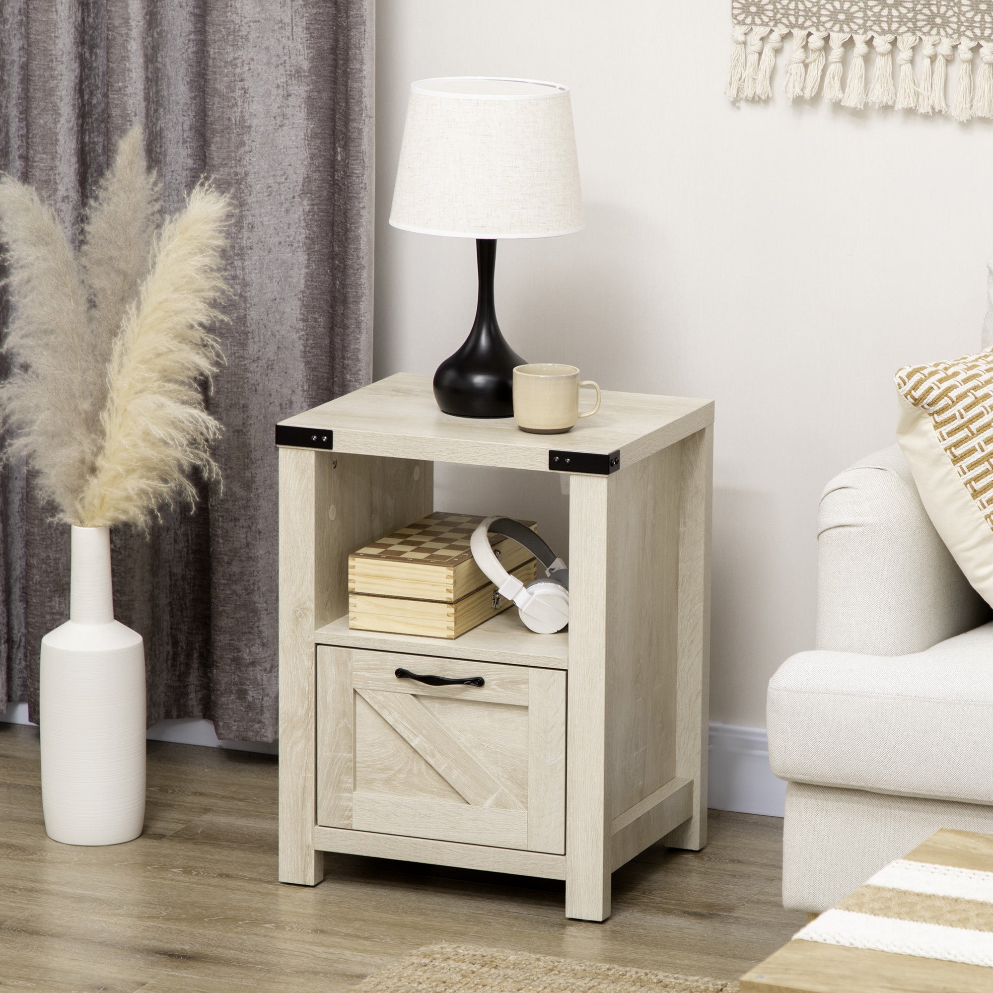 Farmhouse End Table with Storage for Living Room Oak