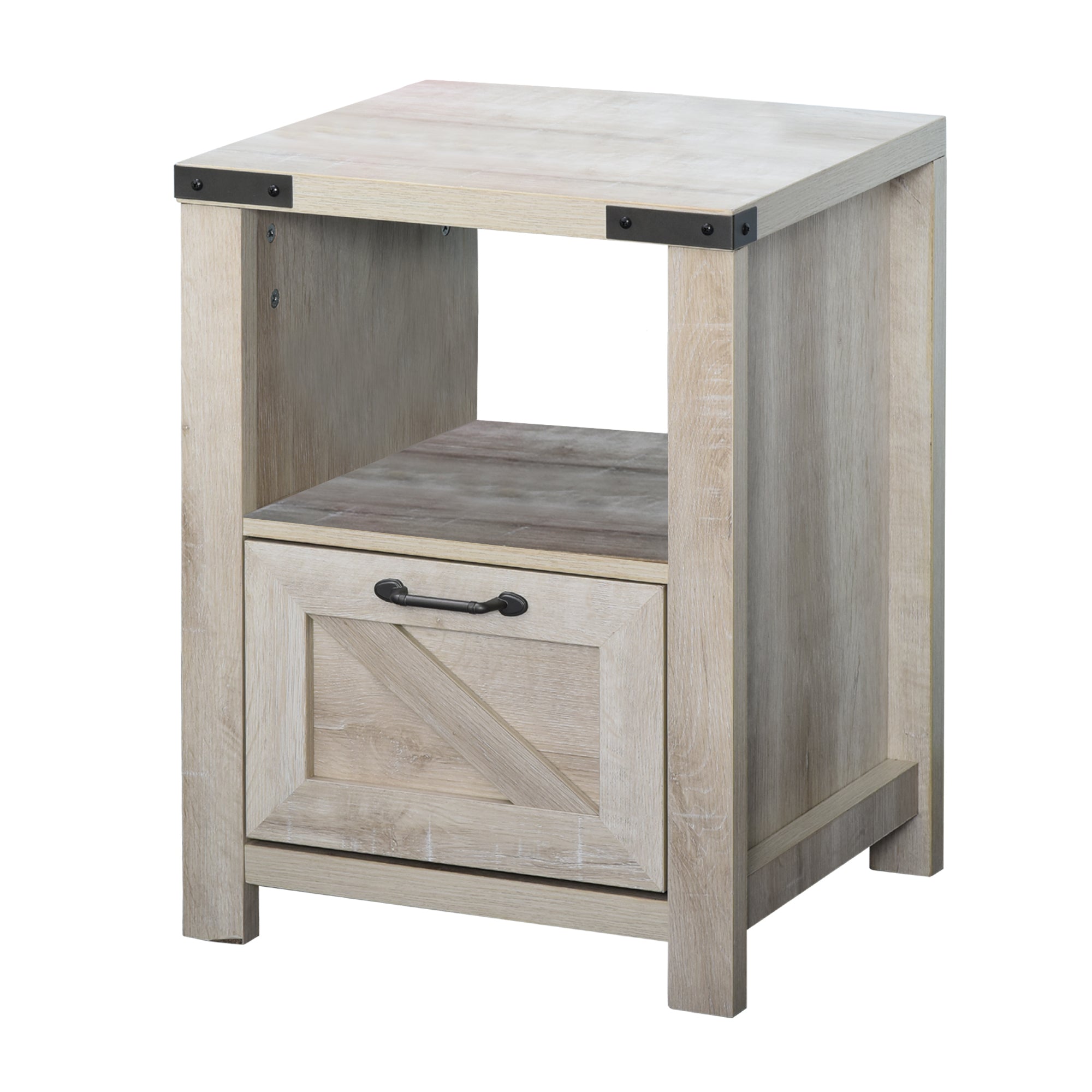 HOMCOM Side Table with Storage, Farmhouse End Table with Drawer, Open Shelf and Barn-style Panel, Accent Table for Living Room, Bedroom, Oak