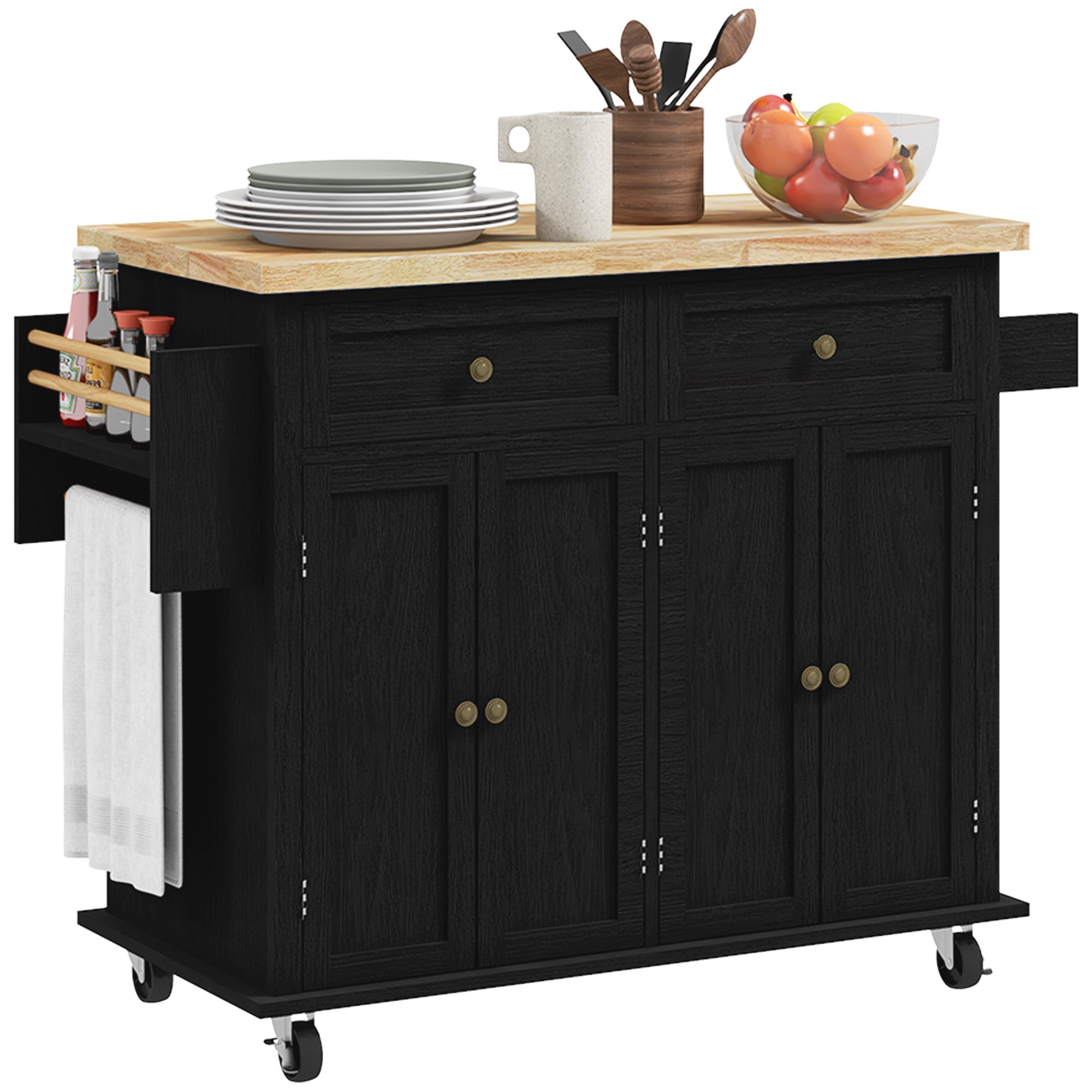 Modern Rolling Kitchen Island Cart w/ Storage, Spice Rack, Towel Rack & Drawers