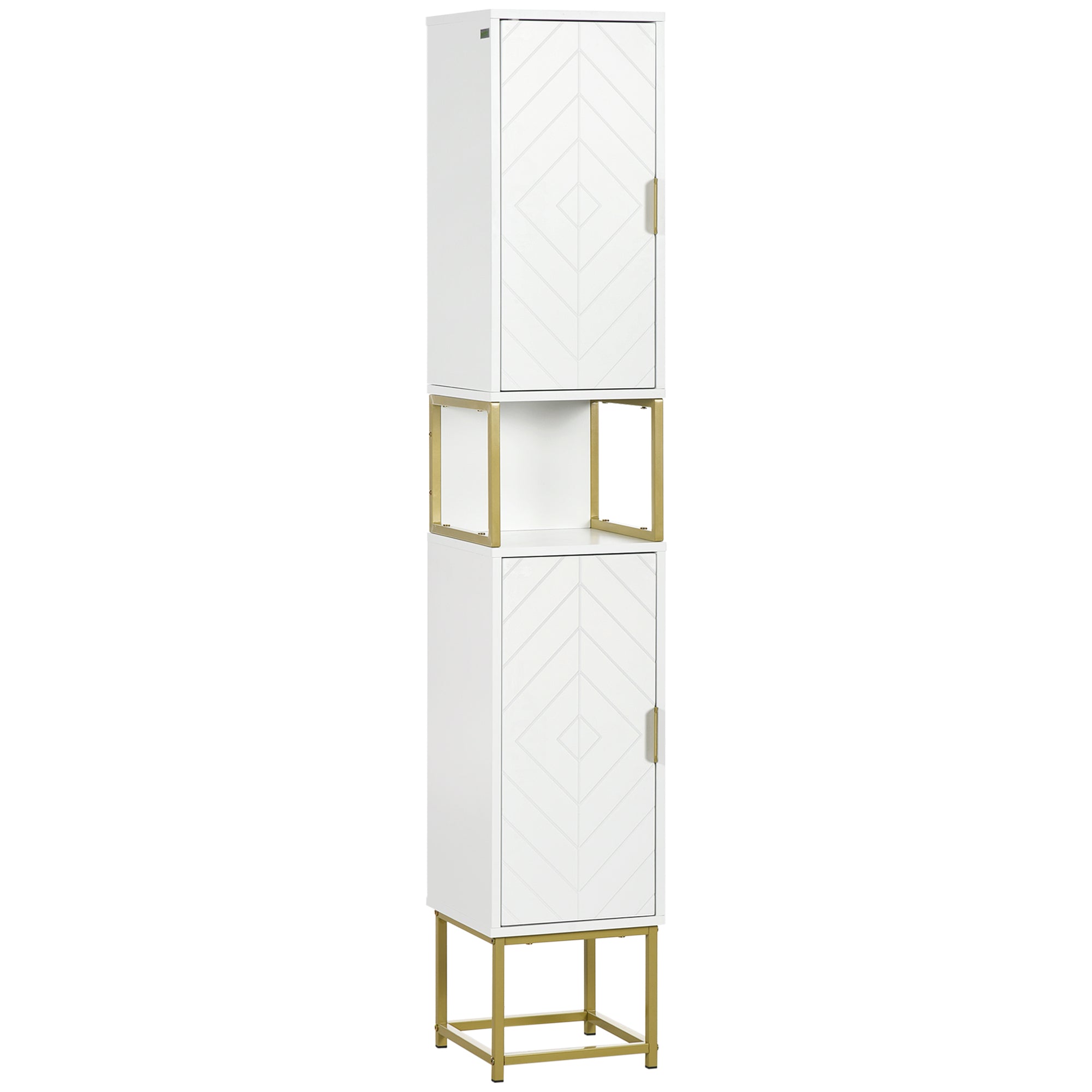 kleankin Tall Bathroom Storage Cabinet, Freestanding Linen Tower with Adjustable Shelf, 2 Doors and Steel Base, White