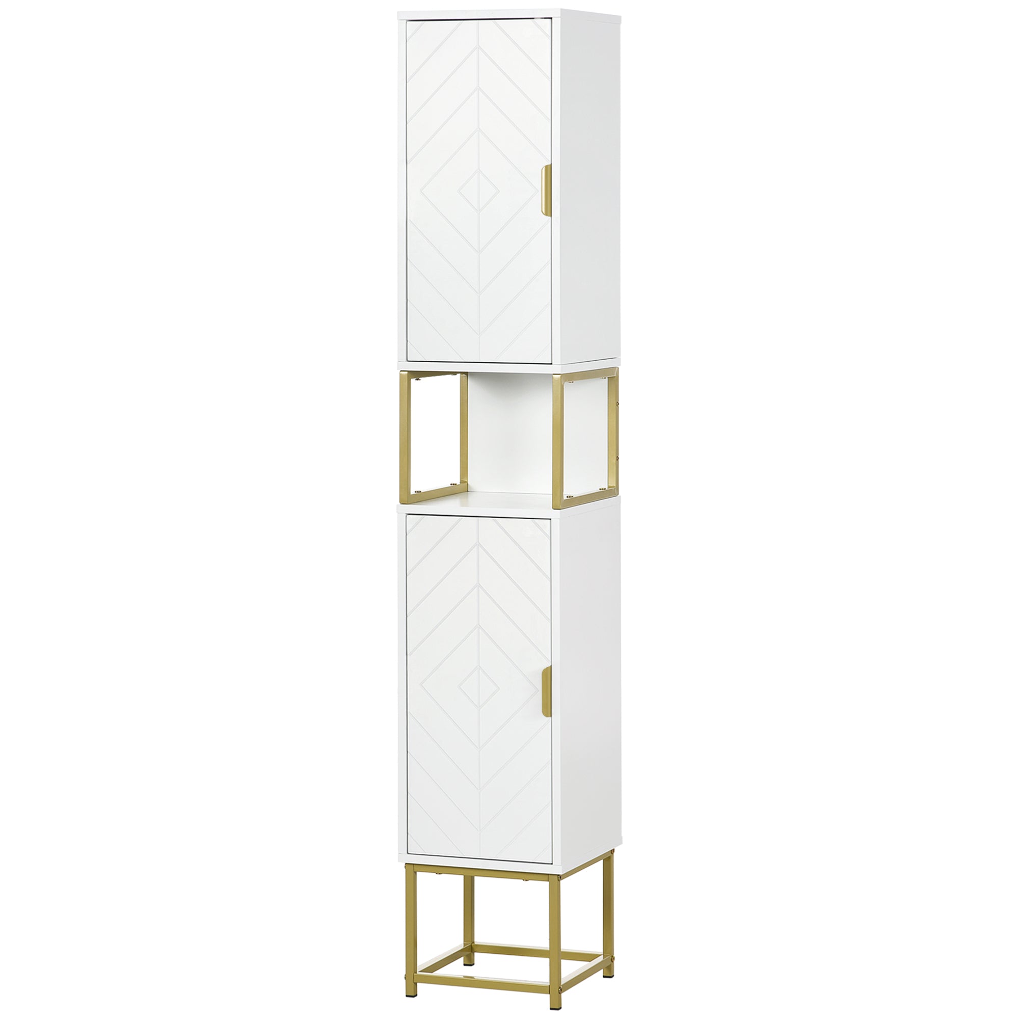 kleankin Tall Bathroom Storage Cabinet, Freestanding Linen Tower with Adjustable Shelf, 2 Doors and Steel Base, White