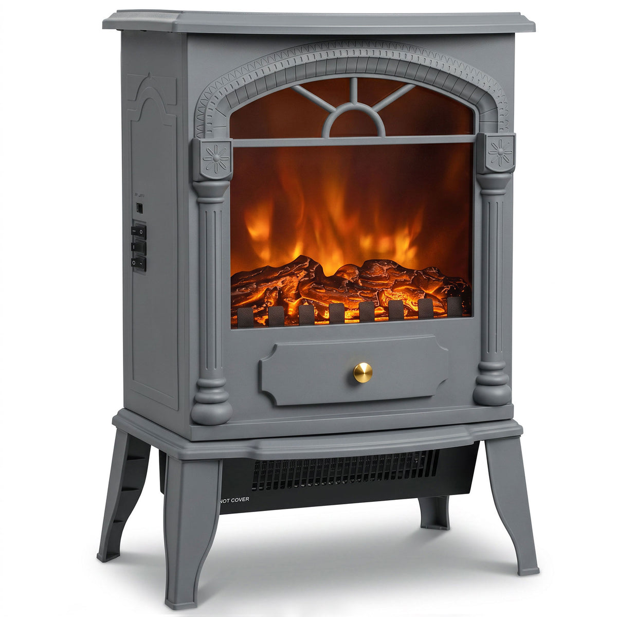 Electric Fireplace Stove Heater with 3D Flame Effect, 2000W/1000W, Freestanding Portable Fireplace with Adjustable Thermostat, 2 Heat Settings for Living Room, Grey