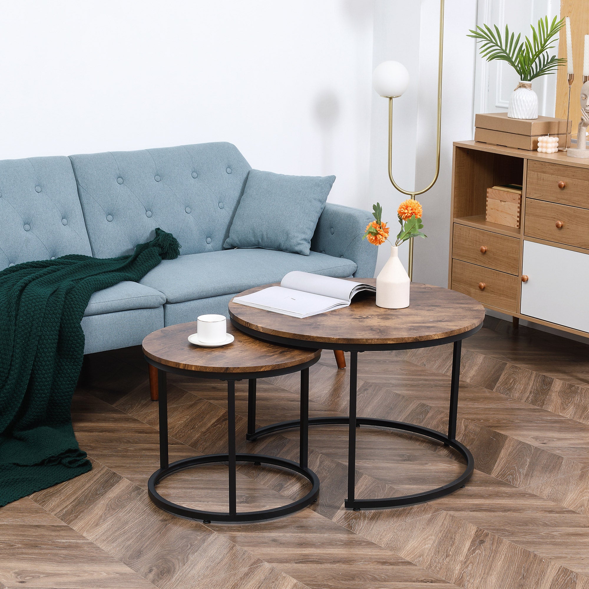HOMCOM Nesting Tables, 29" Round Coffee Table Set of 2, Modern Side Tables for Living Room with Metal Base, Rustic Brown