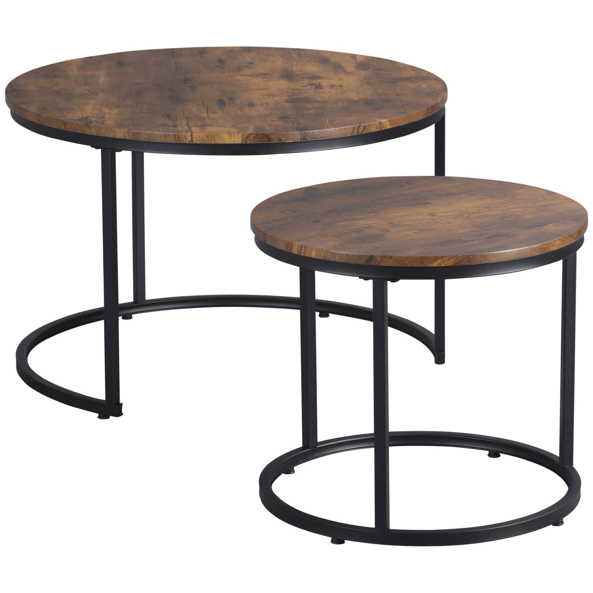 HOMCOM Nesting Tables, 29" Round Coffee Table Set of 2, Modern Side Tables for Living Room with Metal Base, Rustic Brown