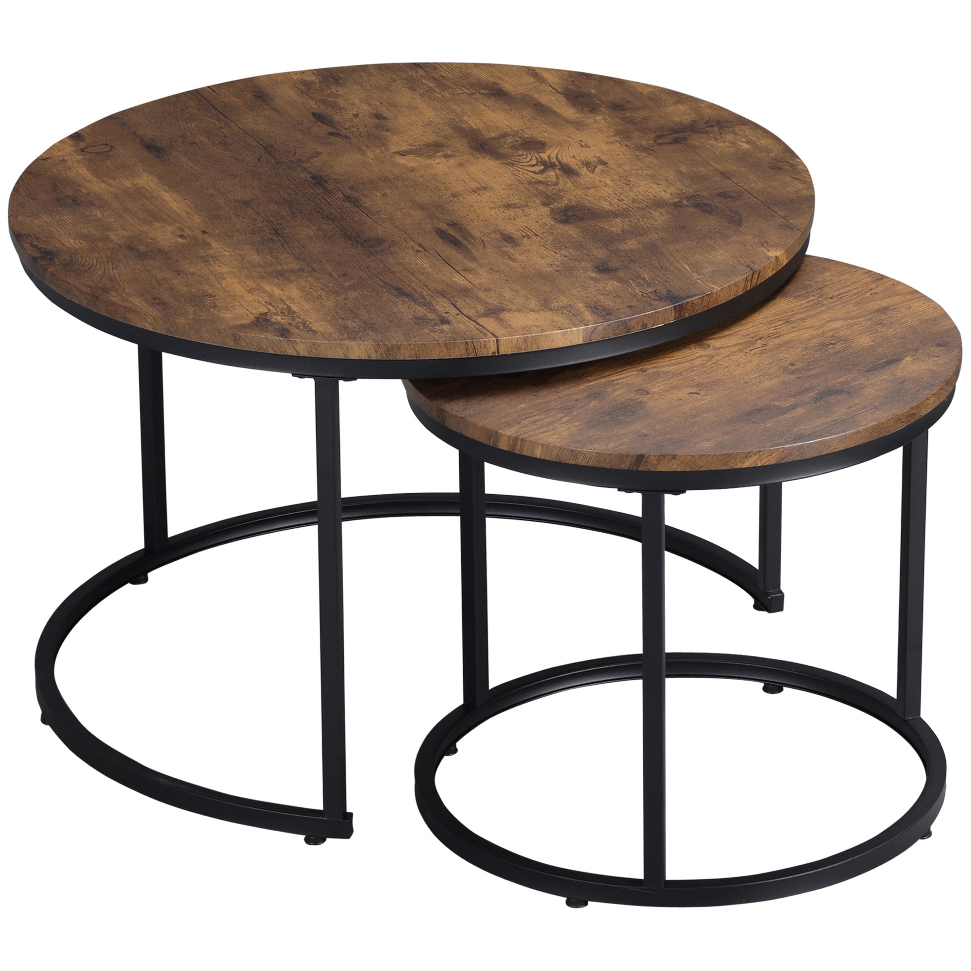 Round Nesting Tables Set of 2 Stacking Coffee Table Set with Metal Frame Rustic Brown