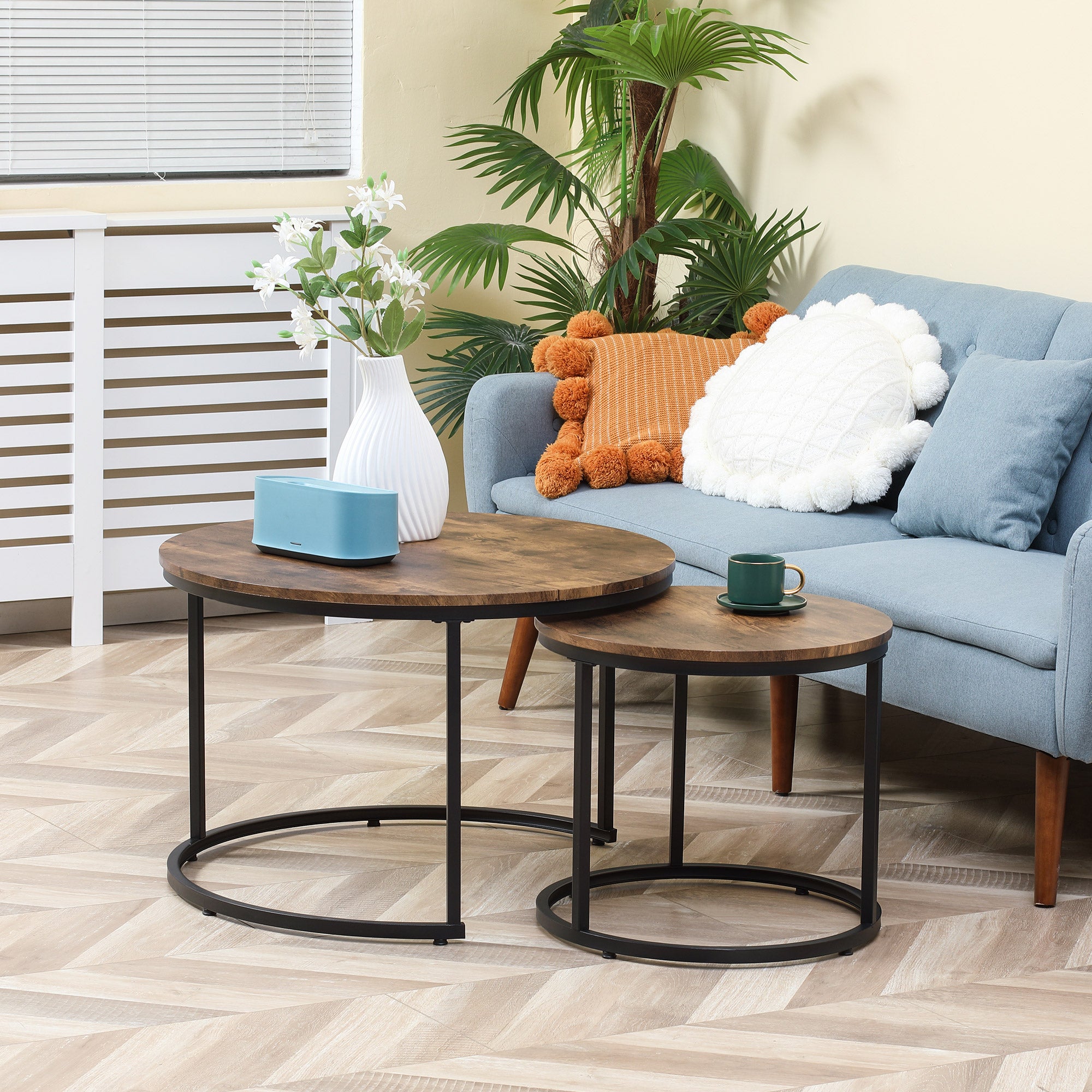HOMCOM Nesting Tables, 29" Round Coffee Table Set of 2, Modern Side Tables for Living Room with Metal Base, Rustic Brown