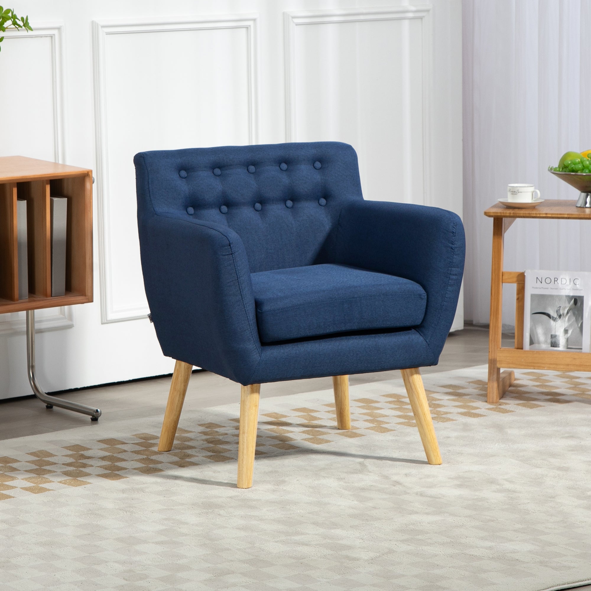 HOMCOM Mid-Century Modern Accent Chair, Linen Upholstery Armchair, Tufted Club Chair with Wood Frame and Thick Padding, Blue