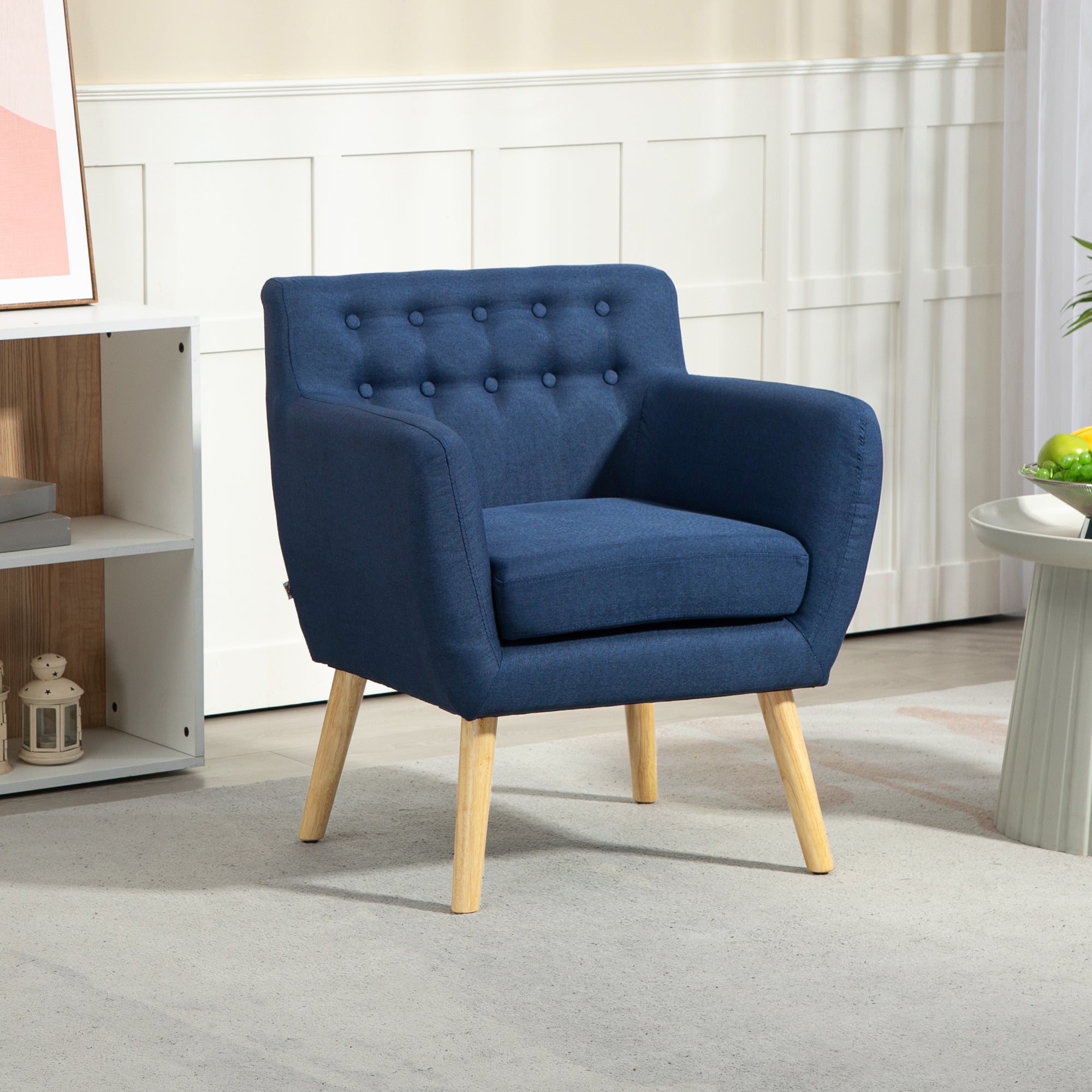 HOMCOM Mid-Century Modern Accent Chair, Linen Upholstery Armchair, Tufted Club Chair with Wood Frame and Thick Padding, Blue