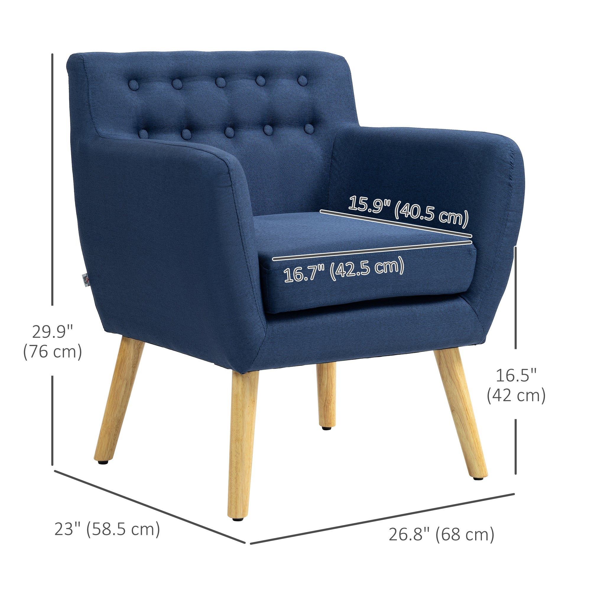 HOMCOM Mid-Century Modern Accent Chair, Linen Upholstery Armchair, Tufted Club Chair with Wood Frame and Thick Padding, Blue