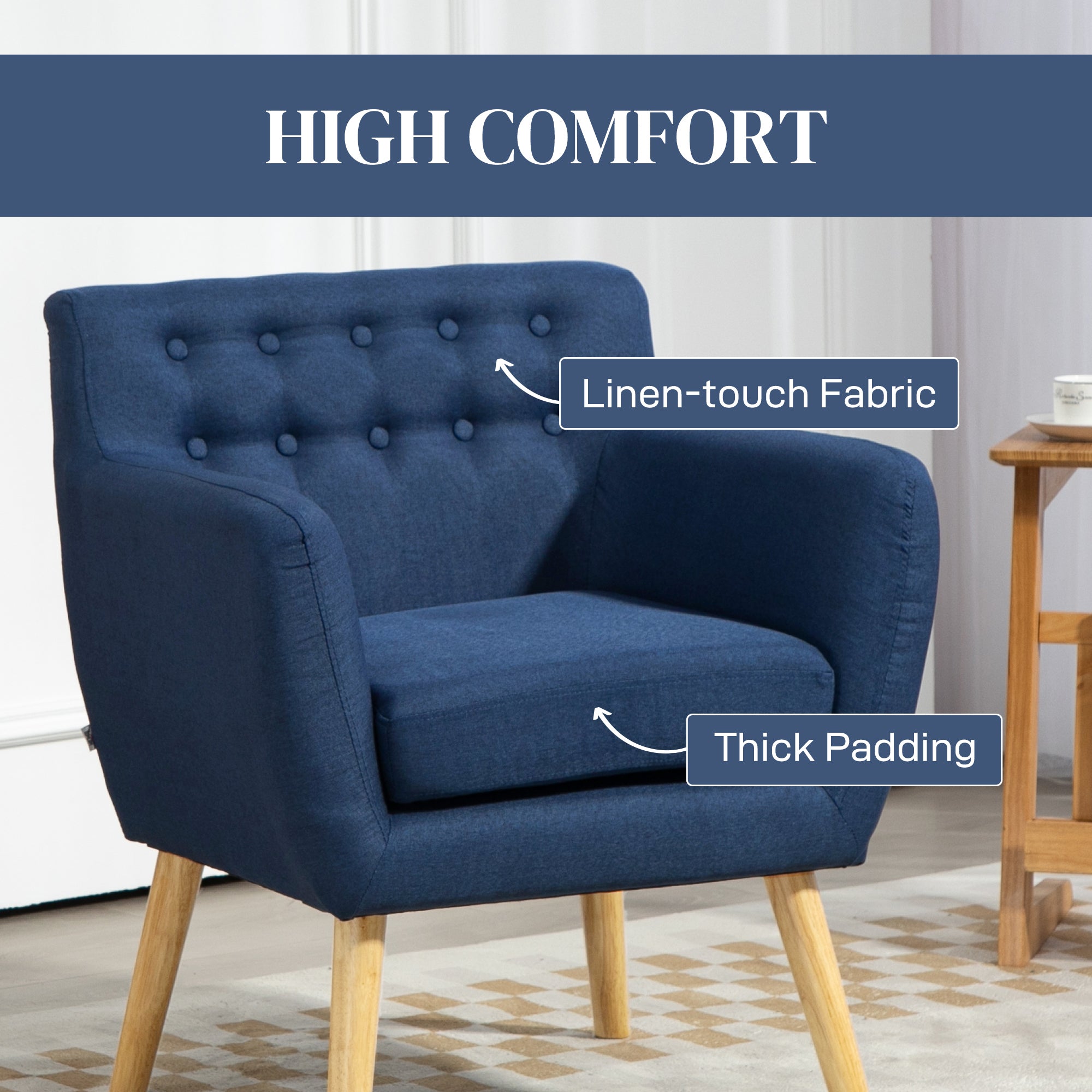 HOMCOM Mid-Century Modern Accent Chair, Linen Upholstery Armchair, Tufted Club Chair with Wood Frame and Thick Padding, Blue