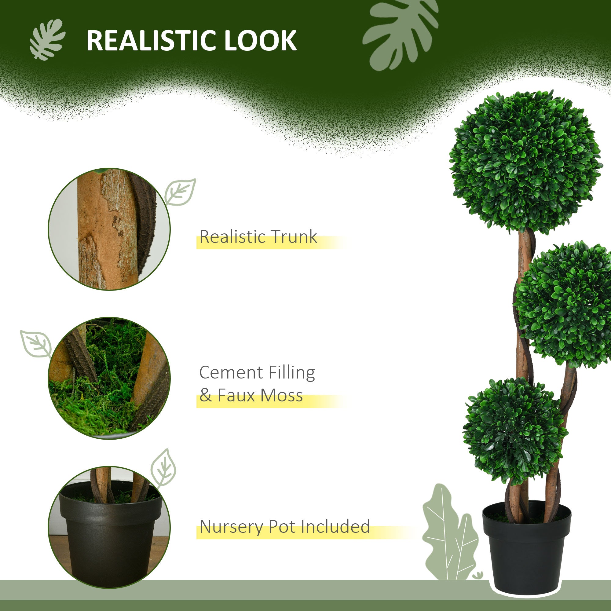 3.6ft Artificial 3 Ball Boxwood Topiary Tree with Pot, Indoor Outdoor Fake Plant for Porch, Home Office, Living Room Decor