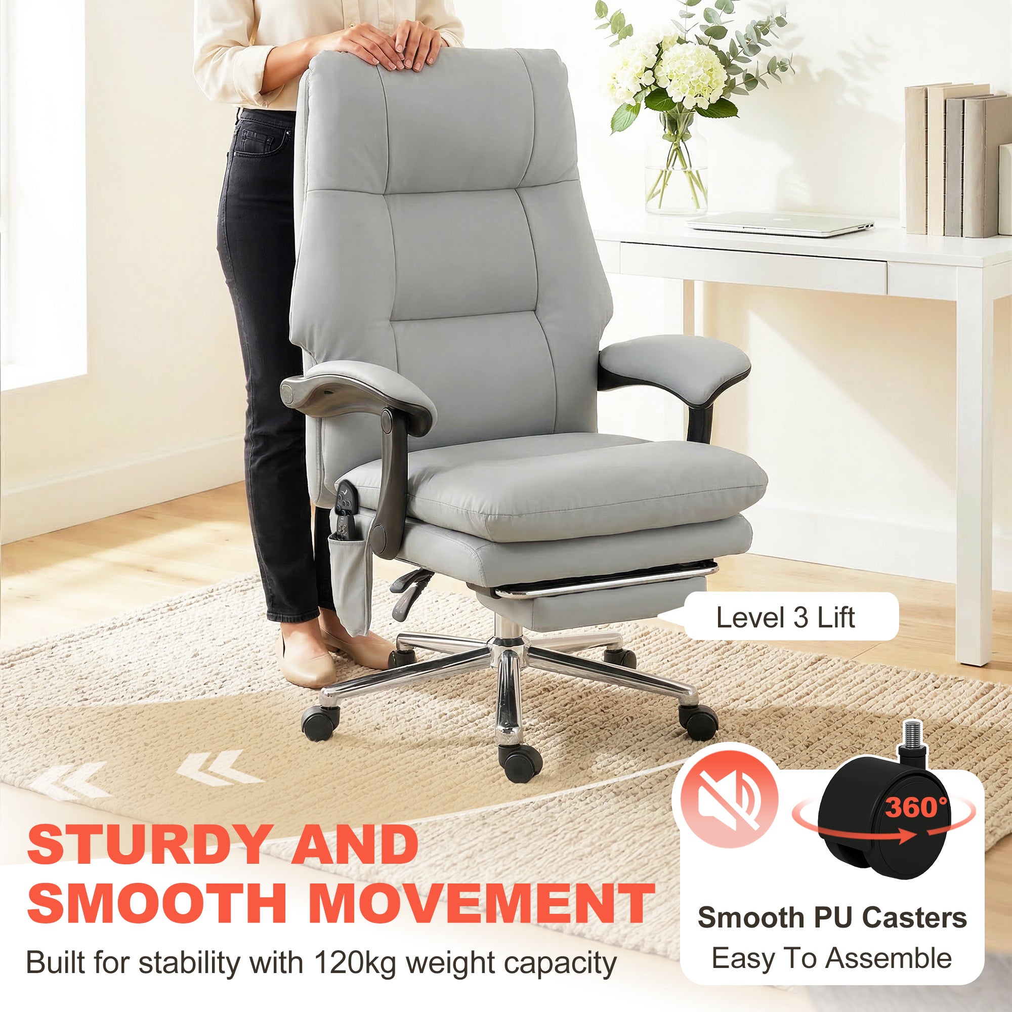 Massage Office Chair with 6-Point Vibration, Pet-Friendly Faux Leather Ergonomic Executive Desk Chair with Double-Layer Spring Cushions, Wide Seat, High Back, Reclining, Footrest, Light Gray