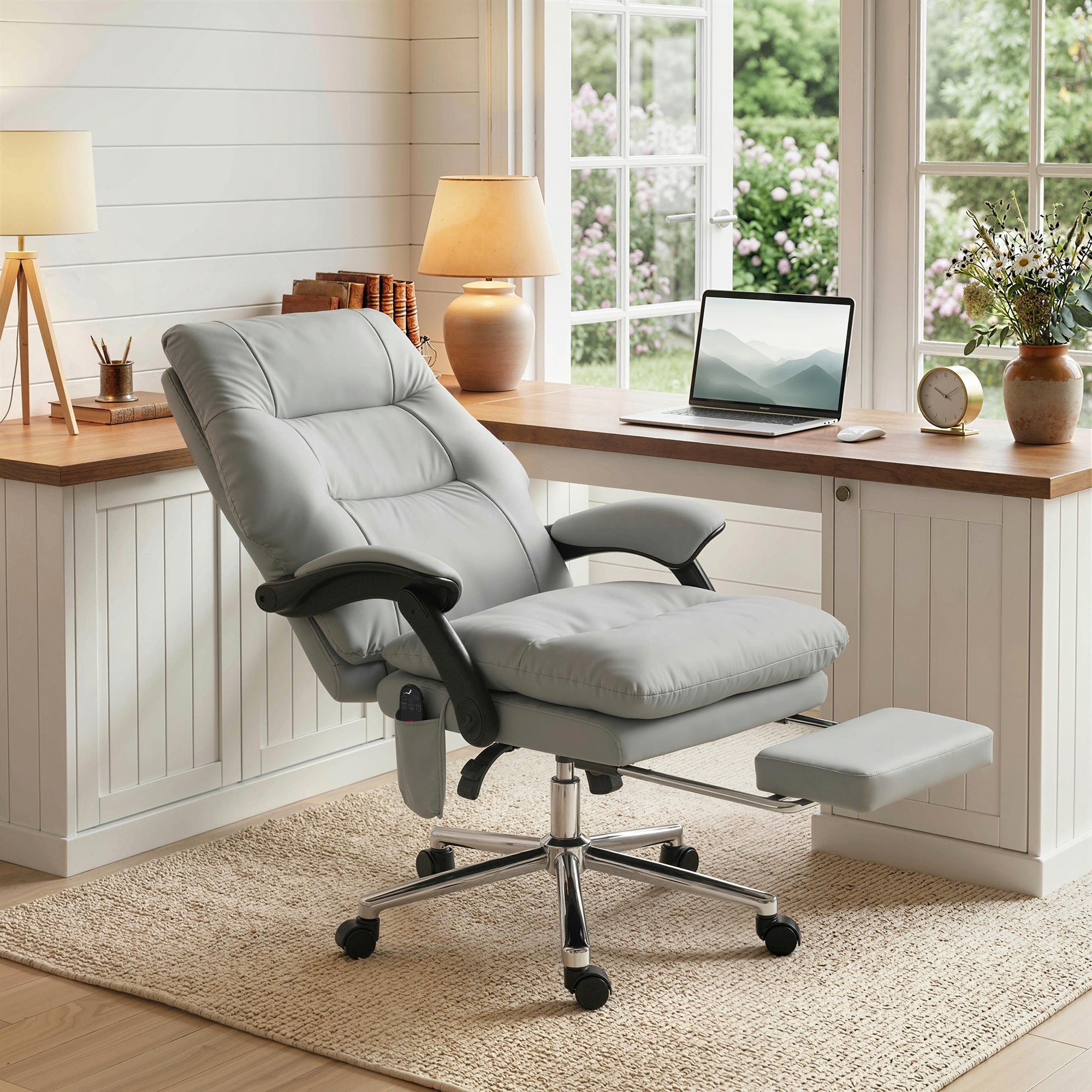 Massage Office Chair with 6-Point Vibration, Pet-Friendly Faux Leather Ergonomic Executive Desk Chair with Double-Layer Spring Cushions, Wide Seat, High Back, Reclining, Footrest, Light Gray