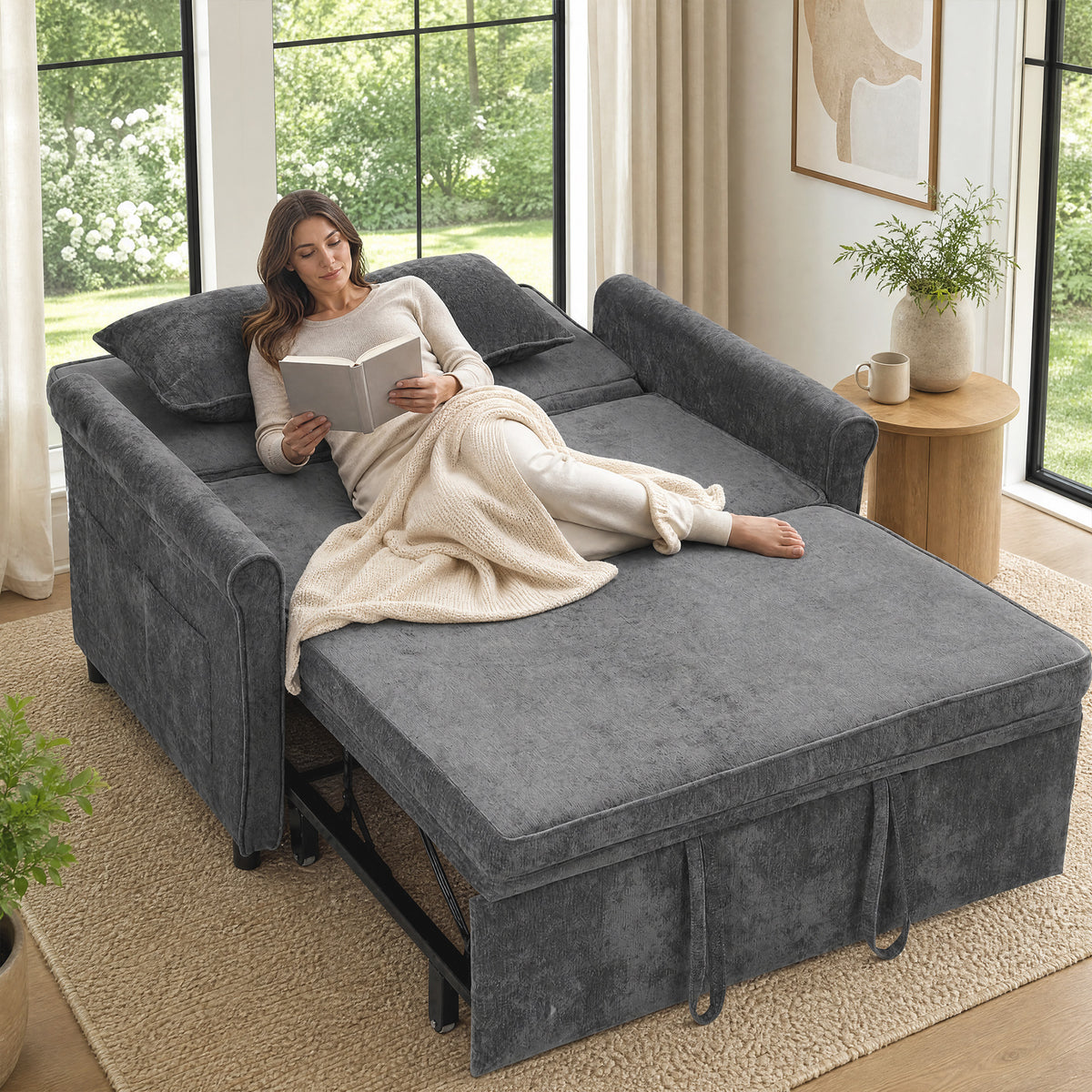 2 Seater Sofa Bed, 3-in-1 Convertible Pull Out Double Sleeper Sofa 190 x 130 cm, 5-Position Adjustable Backrest, Chenille Loveseat Bed Settee for Living Room, Bedroom, Guest Room, Grey