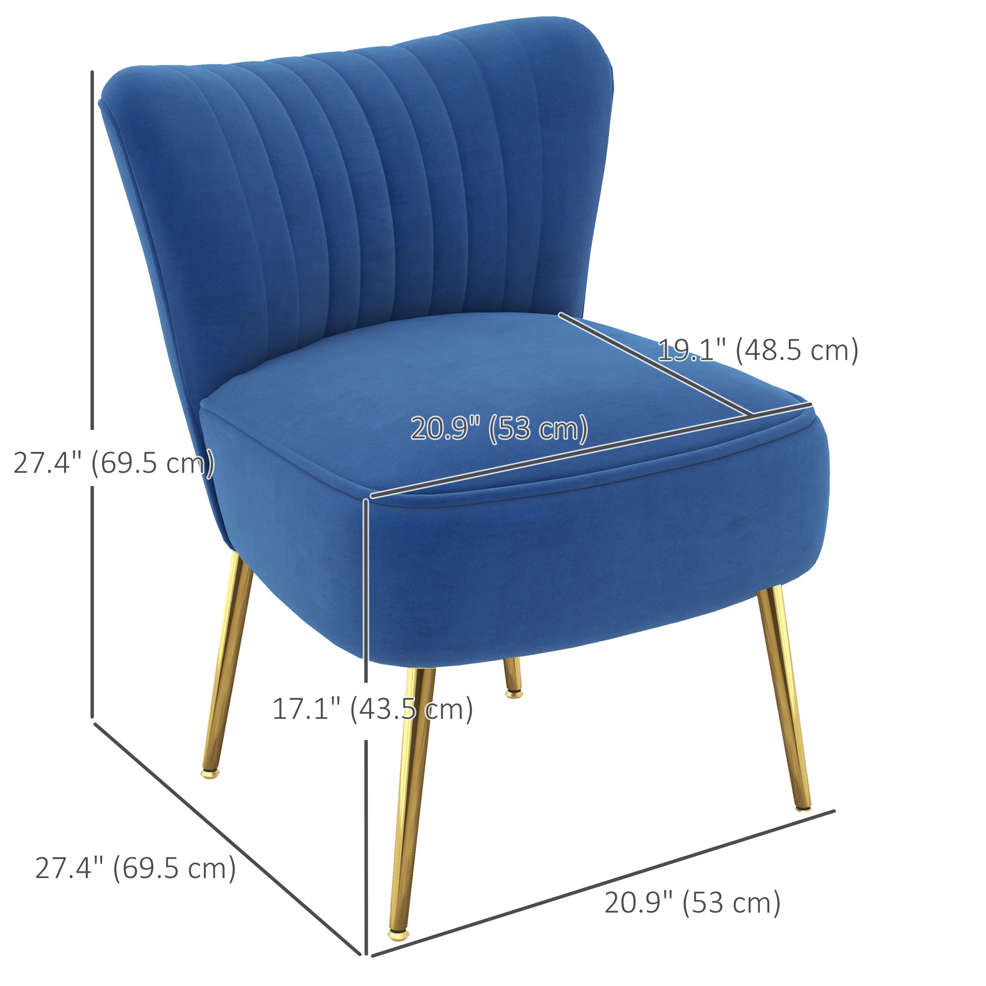 HOMCOM Modern Armless Accent Chairs Set of 2, Upholstered Slipper Chairs for Bedroom, Velvet Wingback Living Room Chairs with Gold Steel Legs and Tufted Back, Dark Blue