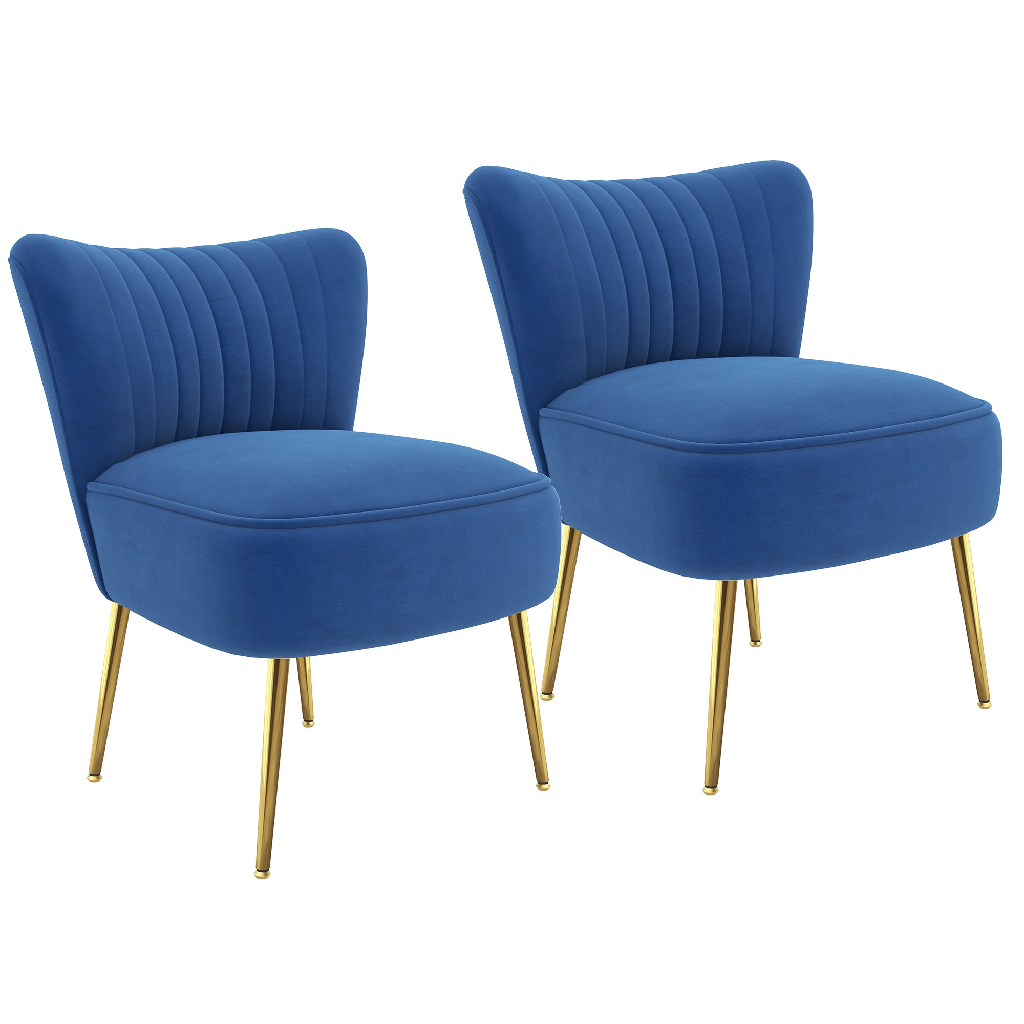 HOMCOM Modern Armless Accent Chairs Set of 2, Upholstered Slipper Chairs for Bedroom, Velvet Wingback Living Room Chairs with Gold Steel Legs and Tufted Back, Dark Blue