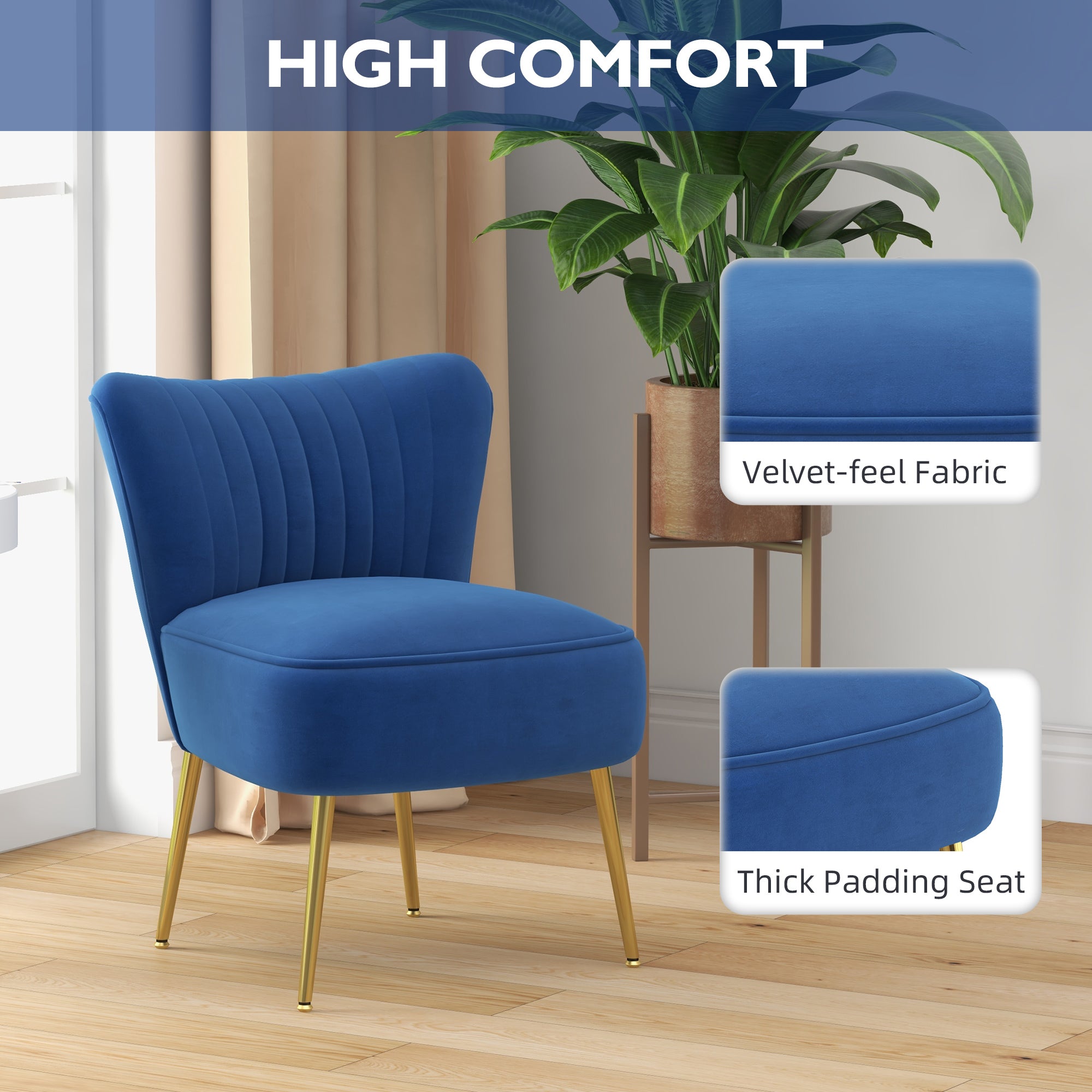 HOMCOM Modern Armless Accent Chairs Set of 2, Upholstered Slipper Chairs for Bedroom, Velvet Wingback Living Room Chairs with Gold Steel Legs and Tufted Back, Dark Blue