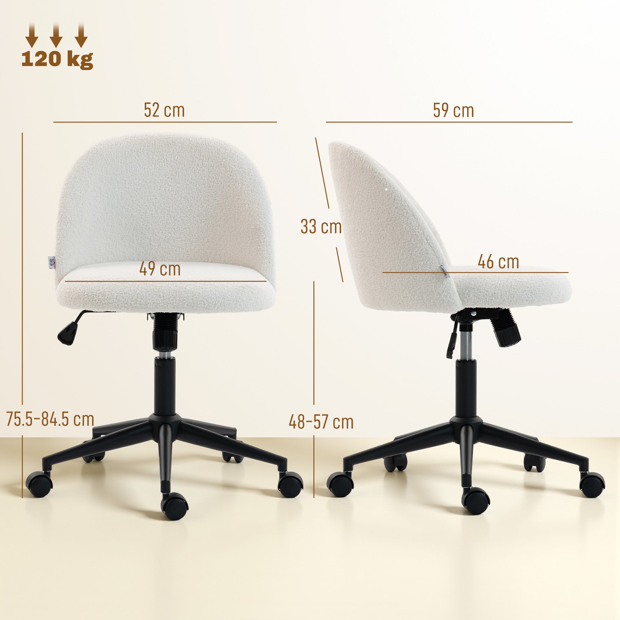 Computer Desk Chair, Teddy Fleece Swivel Office Chair with Height Adjustable, Wheels, High-Resilience Foam, Tilting Function, for Home Study Bedroom Makeup Vanity, Cream White