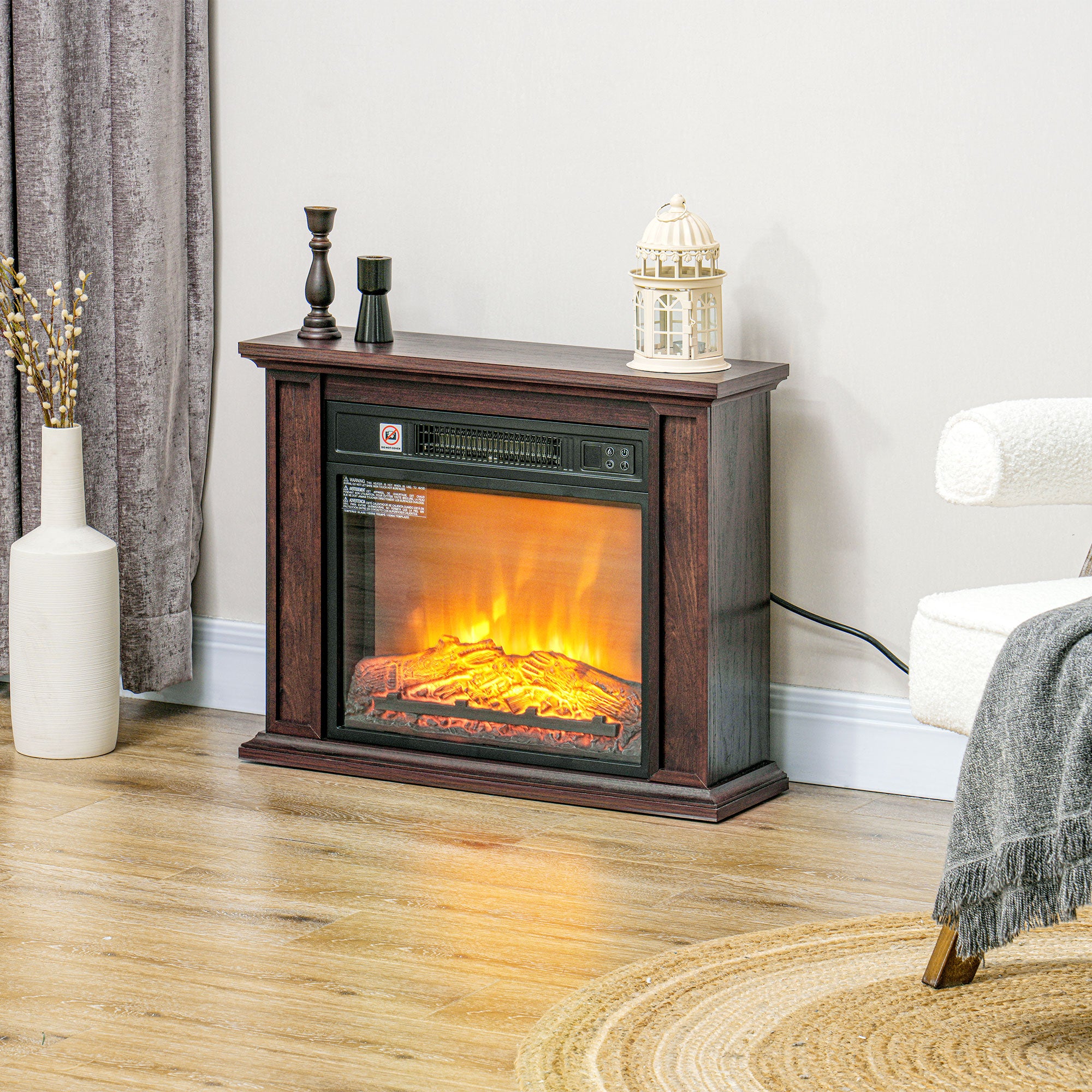 26" Freestanding Electric Fireplace with Mantel 1400W Heater with 3D Flame Effect Brown