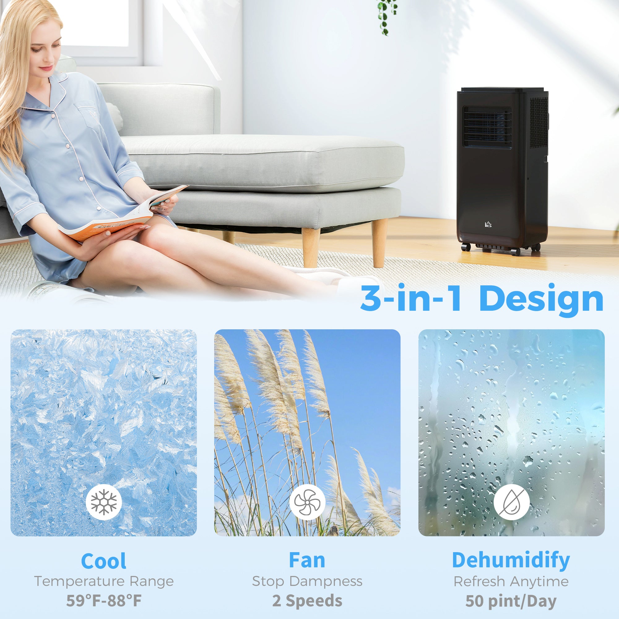 10000BTU Portable Air Conditioner for Rooms Up to 345 Sq.Ft., 3-in-1 AC Unit with Cooling Fan, Dehumidifier, Auto, Sleep & Remote, 24H Timer, Window Installation Kit, Black