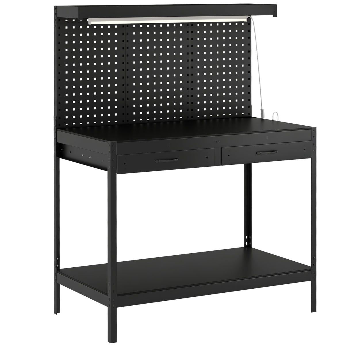 Workbench with Pegboard, Heavy Duty Work Table with Power Strip and LED Light, 43" x 24"  Workstation with 2 Drawers and Shelf, 600 lbs. Capacity for Garage Workshop, Black